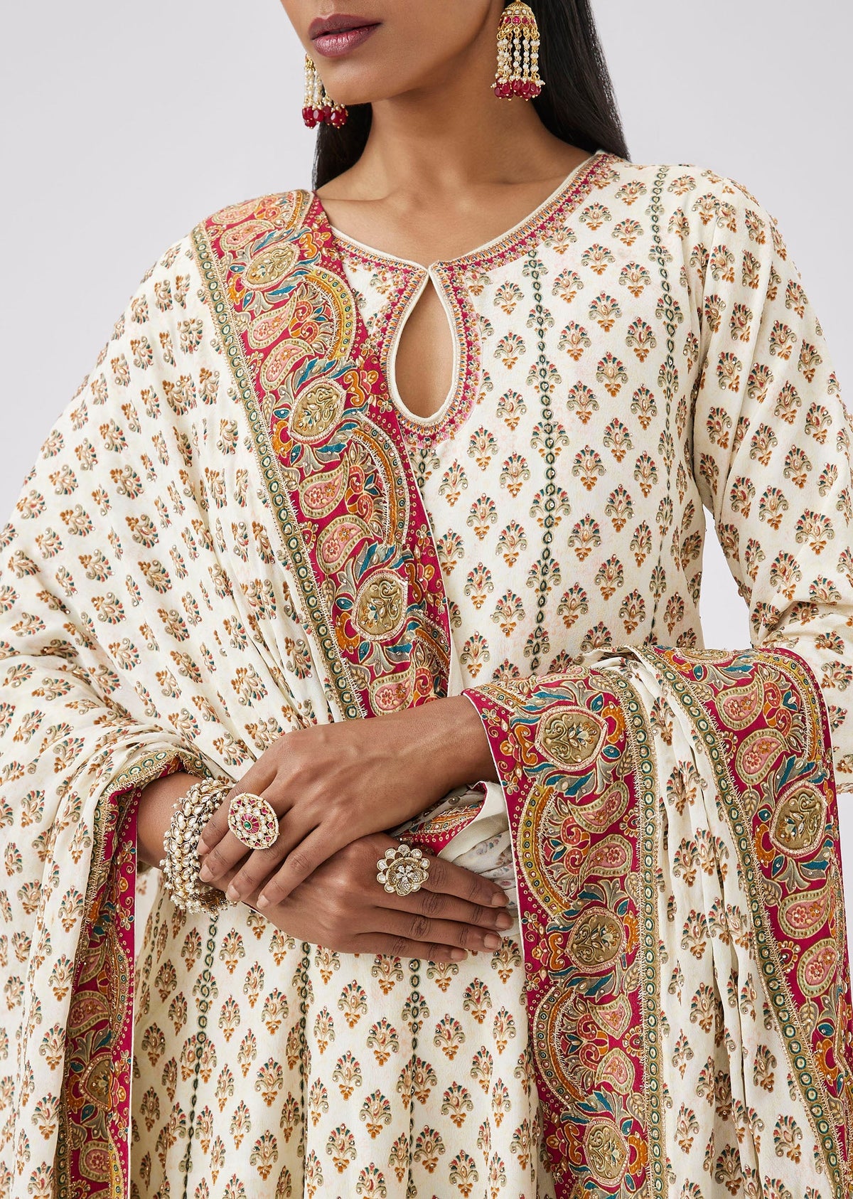 Ivory Indie Print Crepe Anarkali Suit