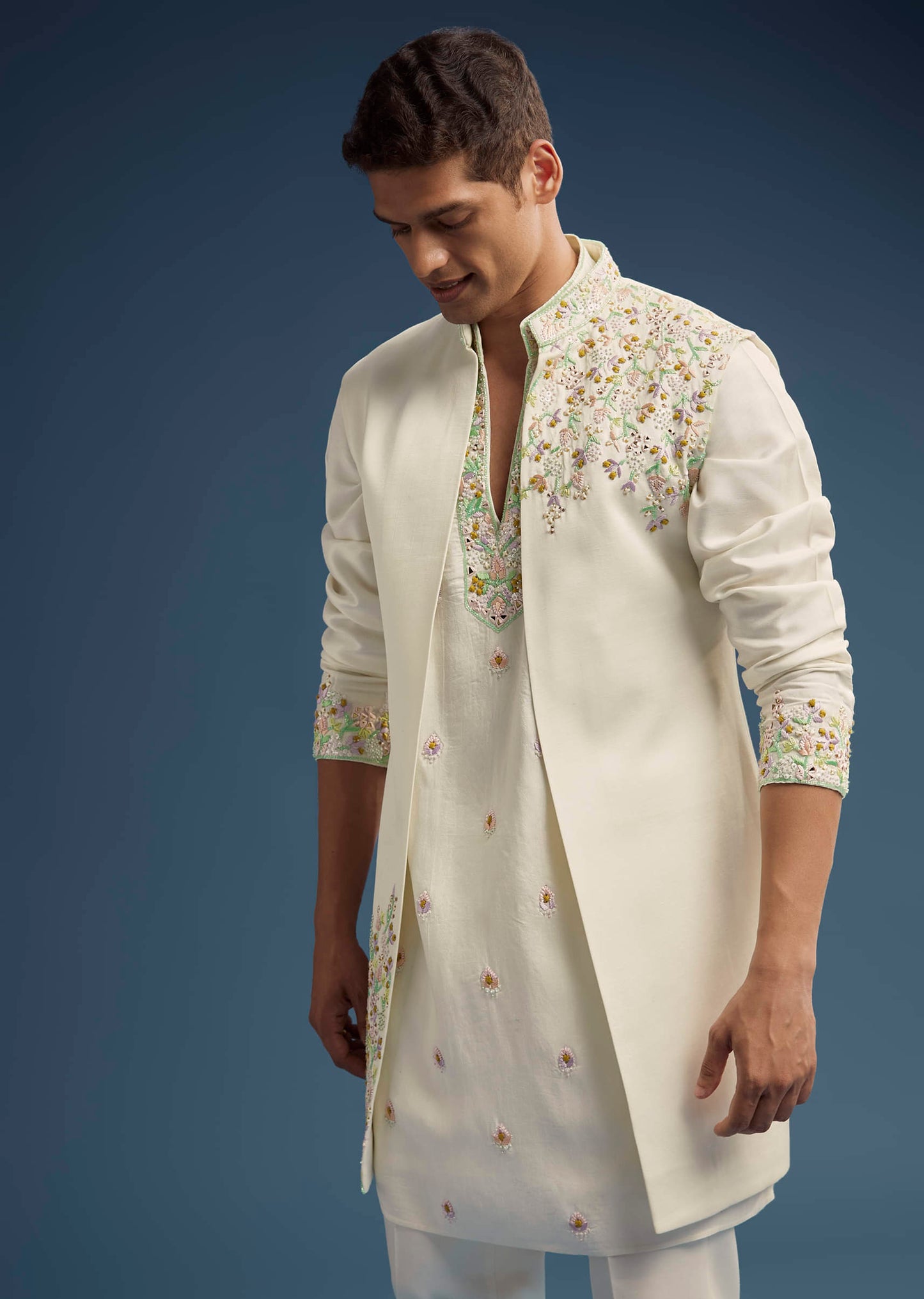 Ivory Silk Kurta Jacket Set For Men With Zardosi Work