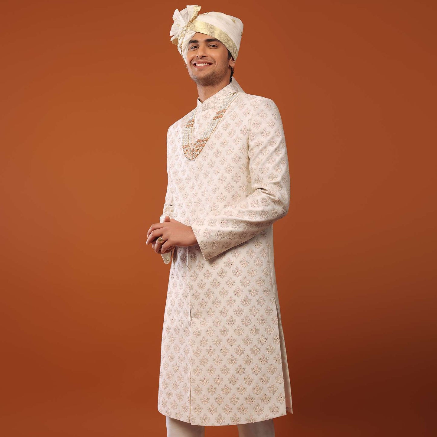 Ivory-White Sherwani Set in Silk With Sequins Embroidery