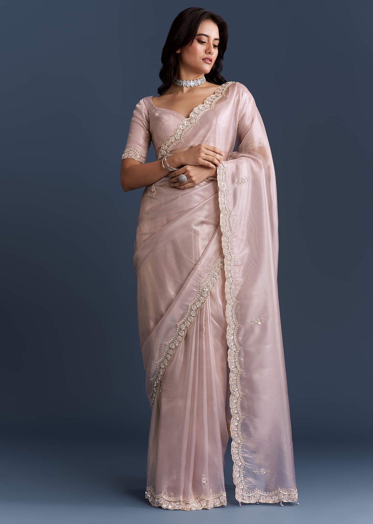 Lilac Net Saree With Heavy Hand Embroidery
