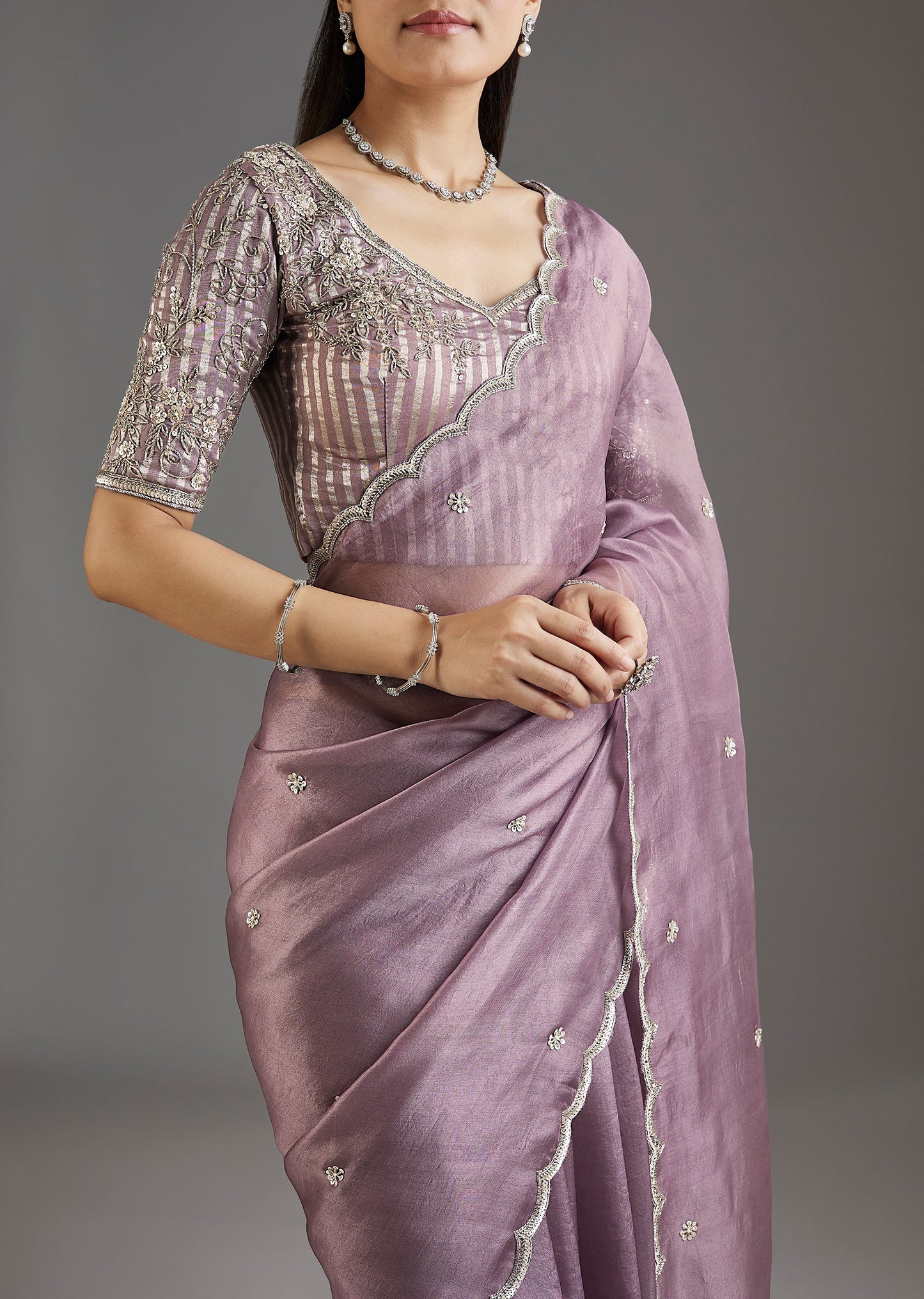 Lilac Organza Saree With Embellished Scallop Border