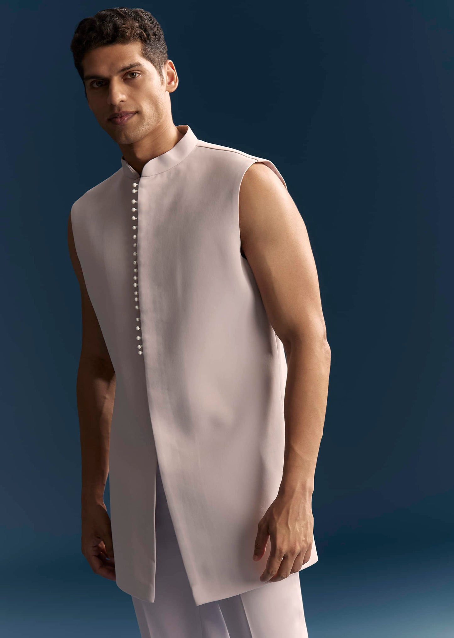 Lilac Indo Western Set For Men With Resham And Moti Work