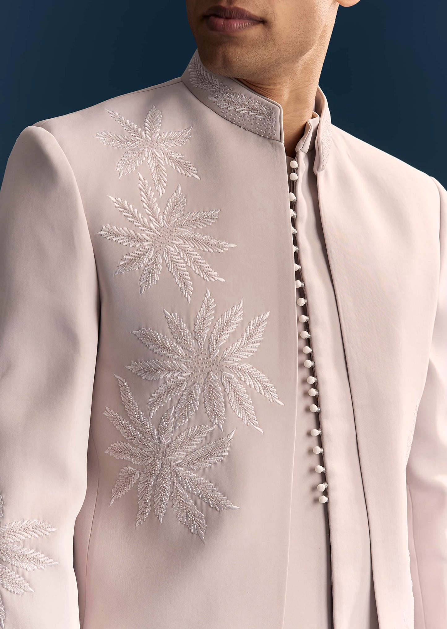 Lilac Indo Western Set For Men With Resham And Moti Work