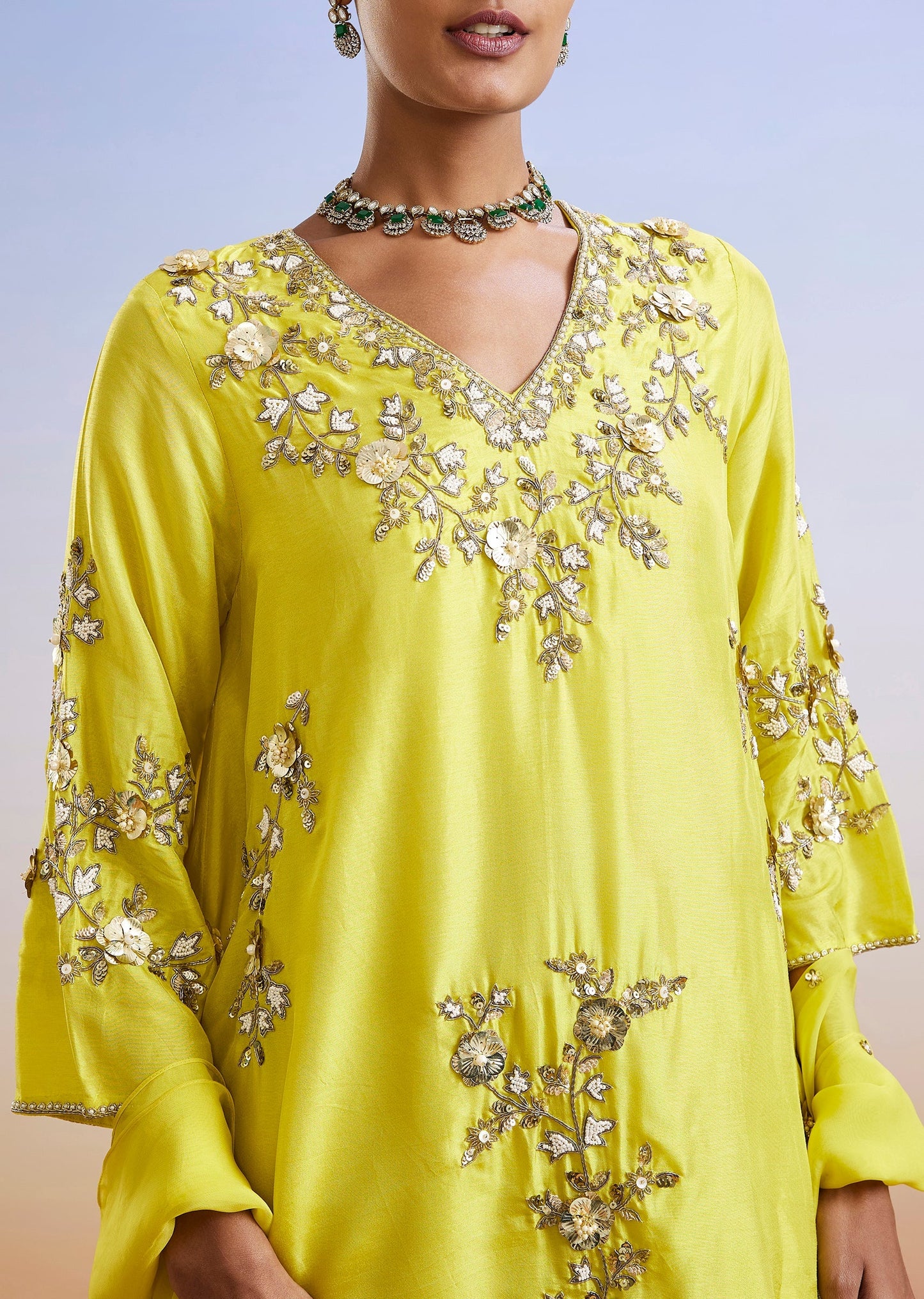 Lime Green Embroidered Silk Sharara Suit With Dupatta