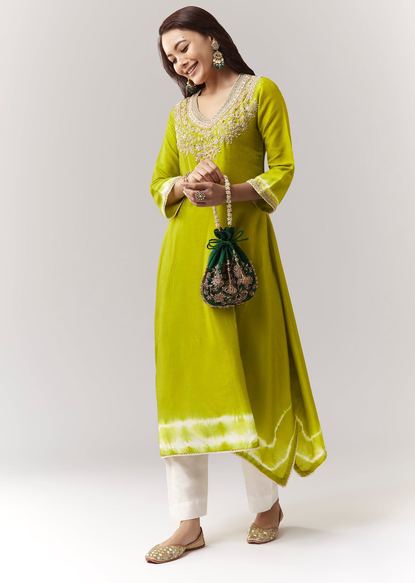 Lime Green Leheriya A Line Kurta Palazzo Set With Zardosi And Moti Work