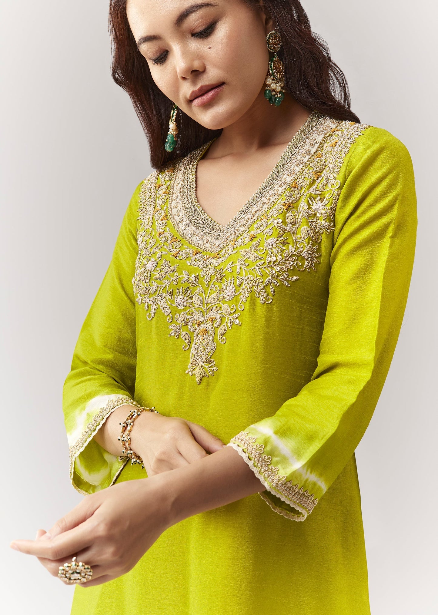 Lime Green Leheriya A Line Kurta Palazzo Set With Zardosi And Moti Work