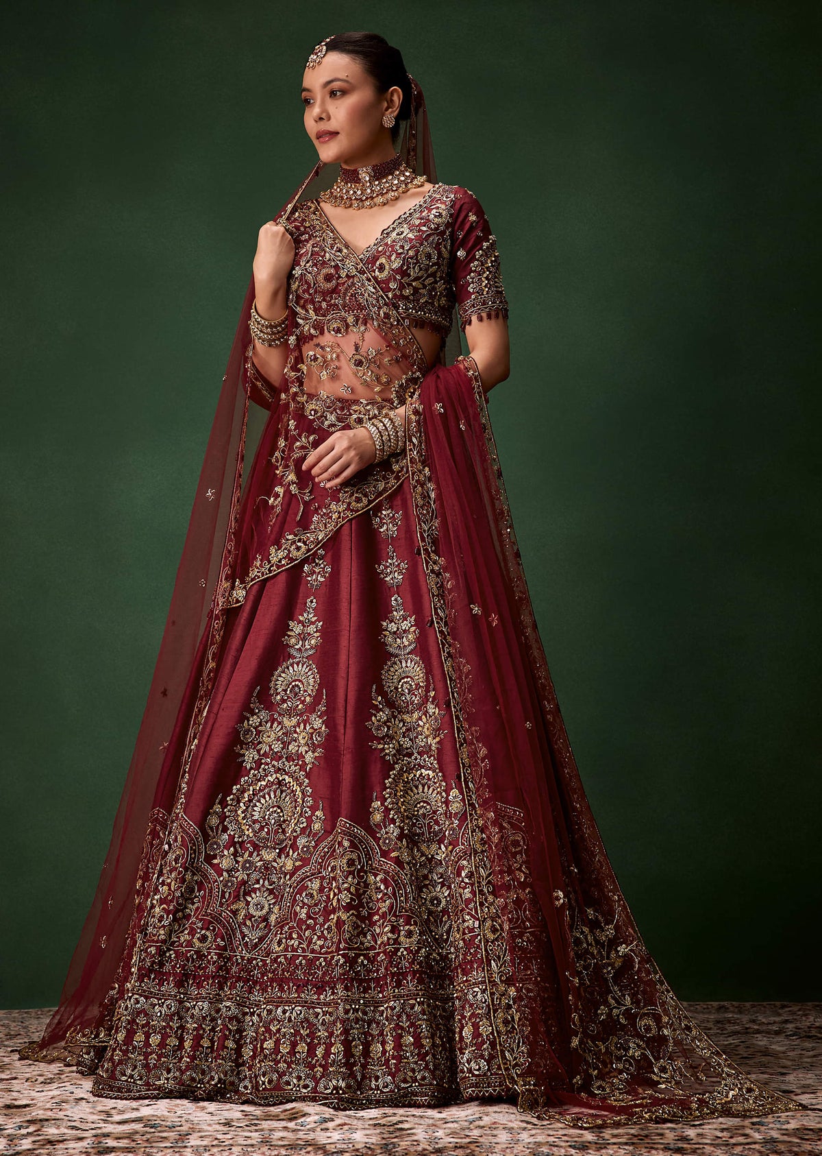 Maroon Bridal Moti Silk Lehenga Set with Two Dupattas