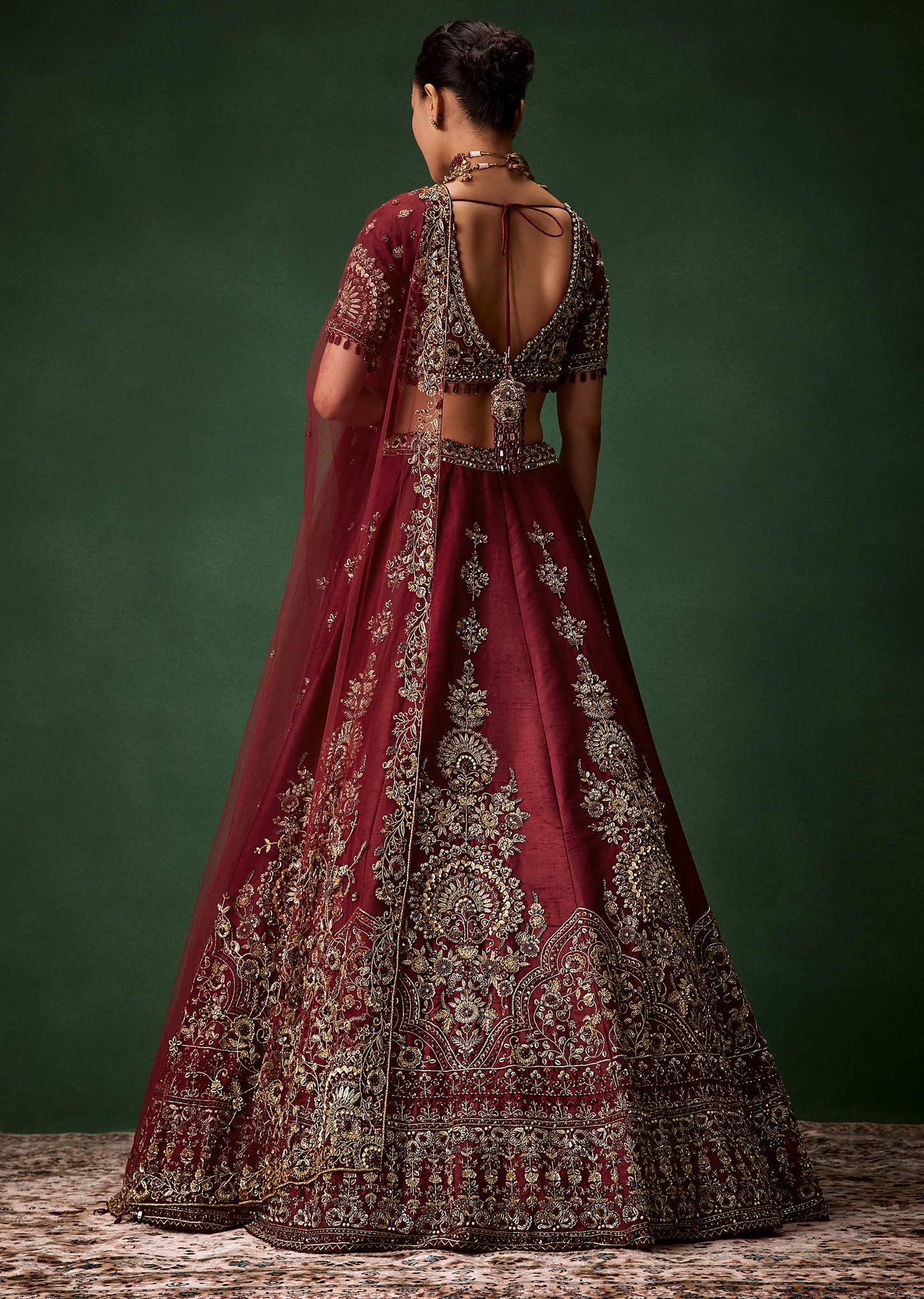 Maroon Bridal Moti Silk Lehenga Set with Two Dupattas