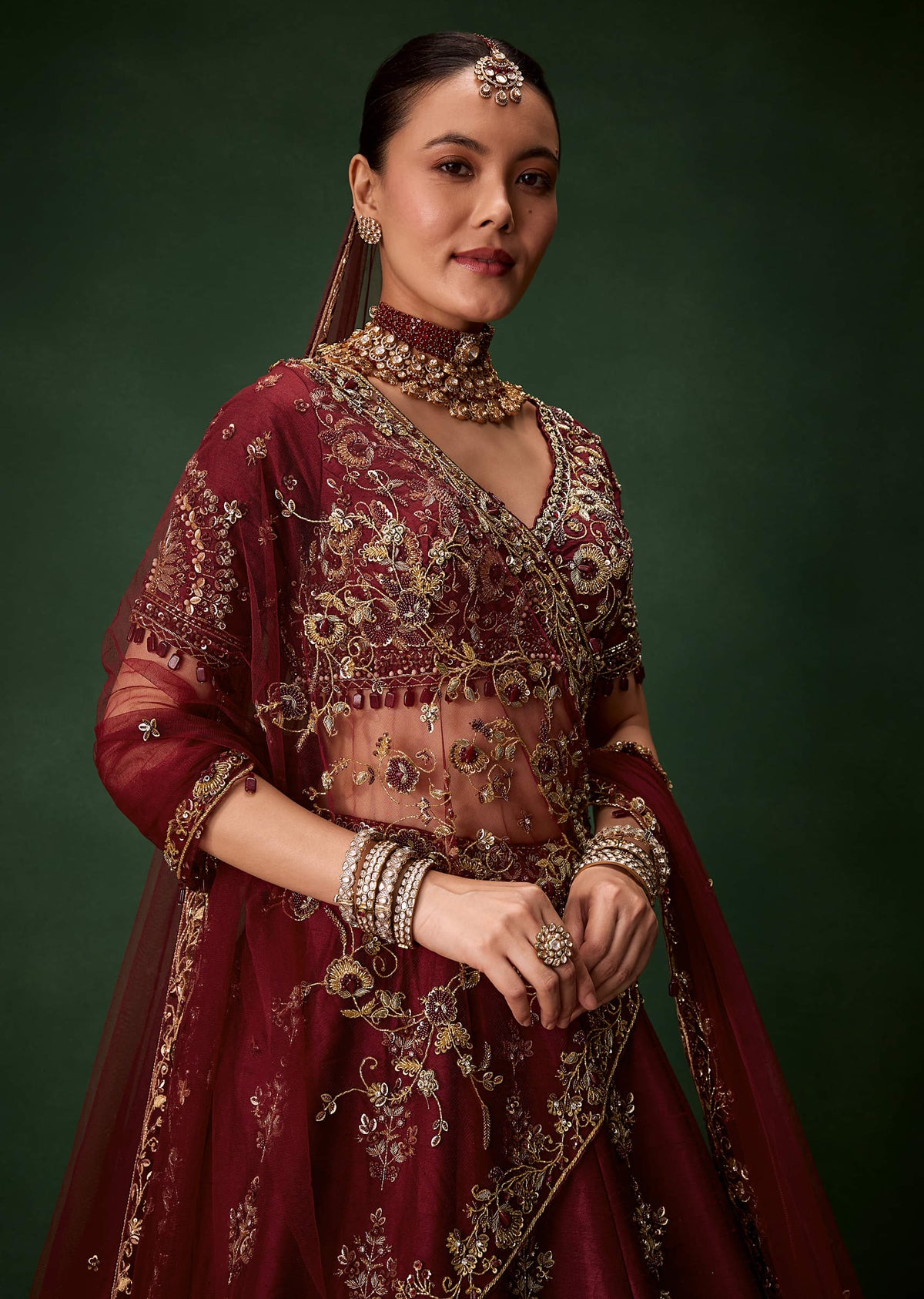 Maroon Bridal Moti Silk Lehenga Set with Two Dupattas