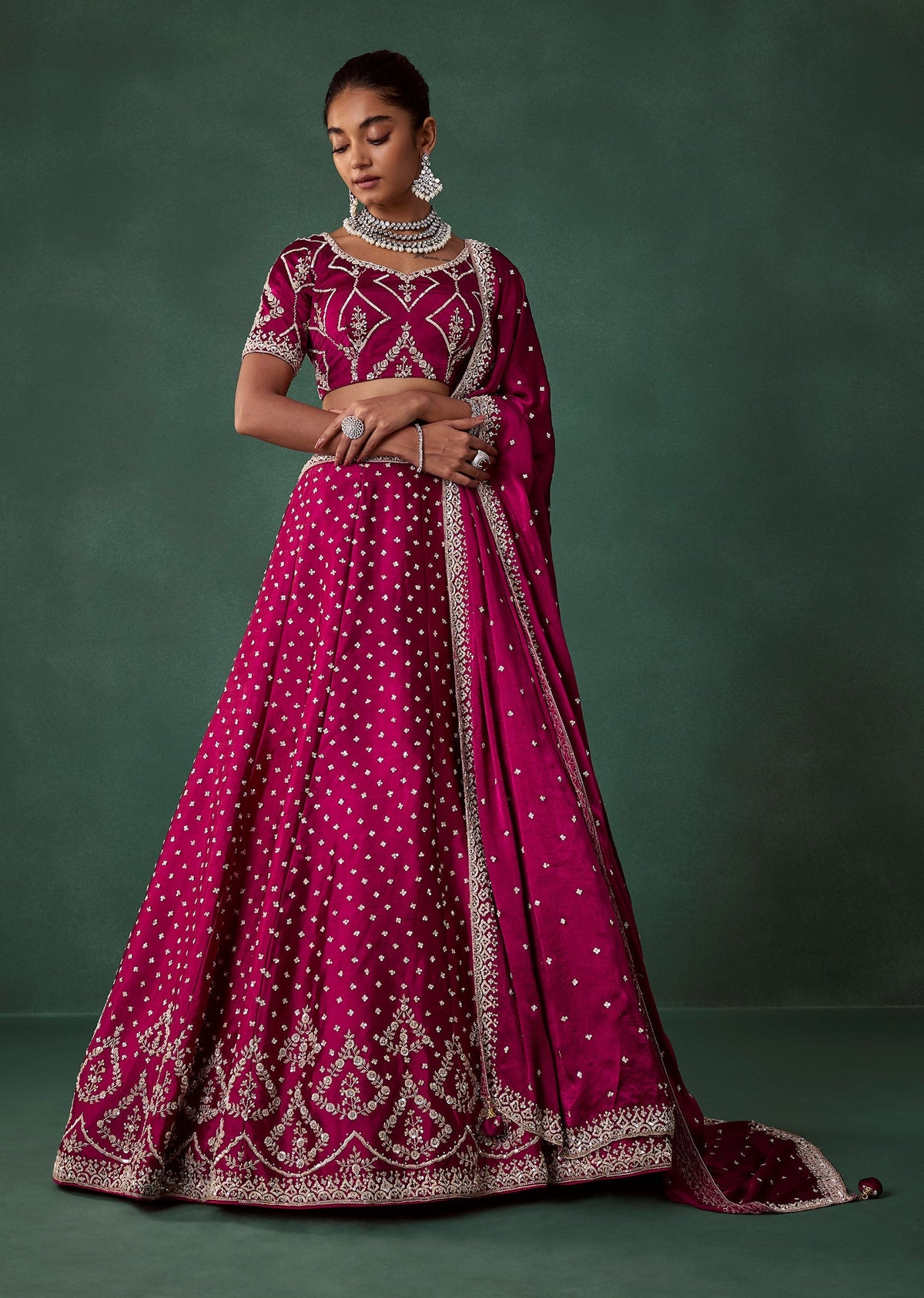 Maroon Embroidered Satin Bridal Lehenga Set with Cutdana