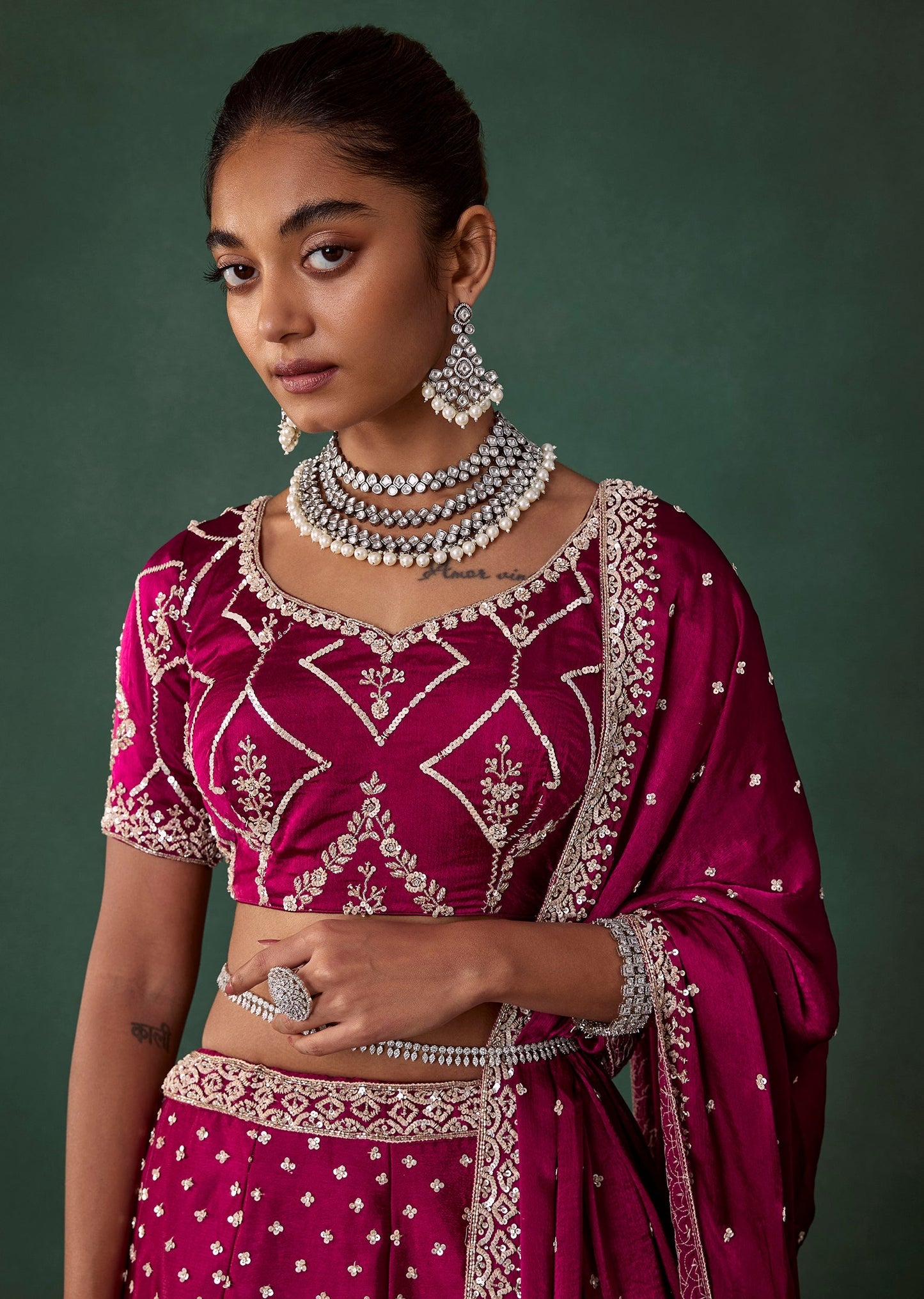 Maroon Embroidered Satin Bridal Lehenga Set with Cutdana