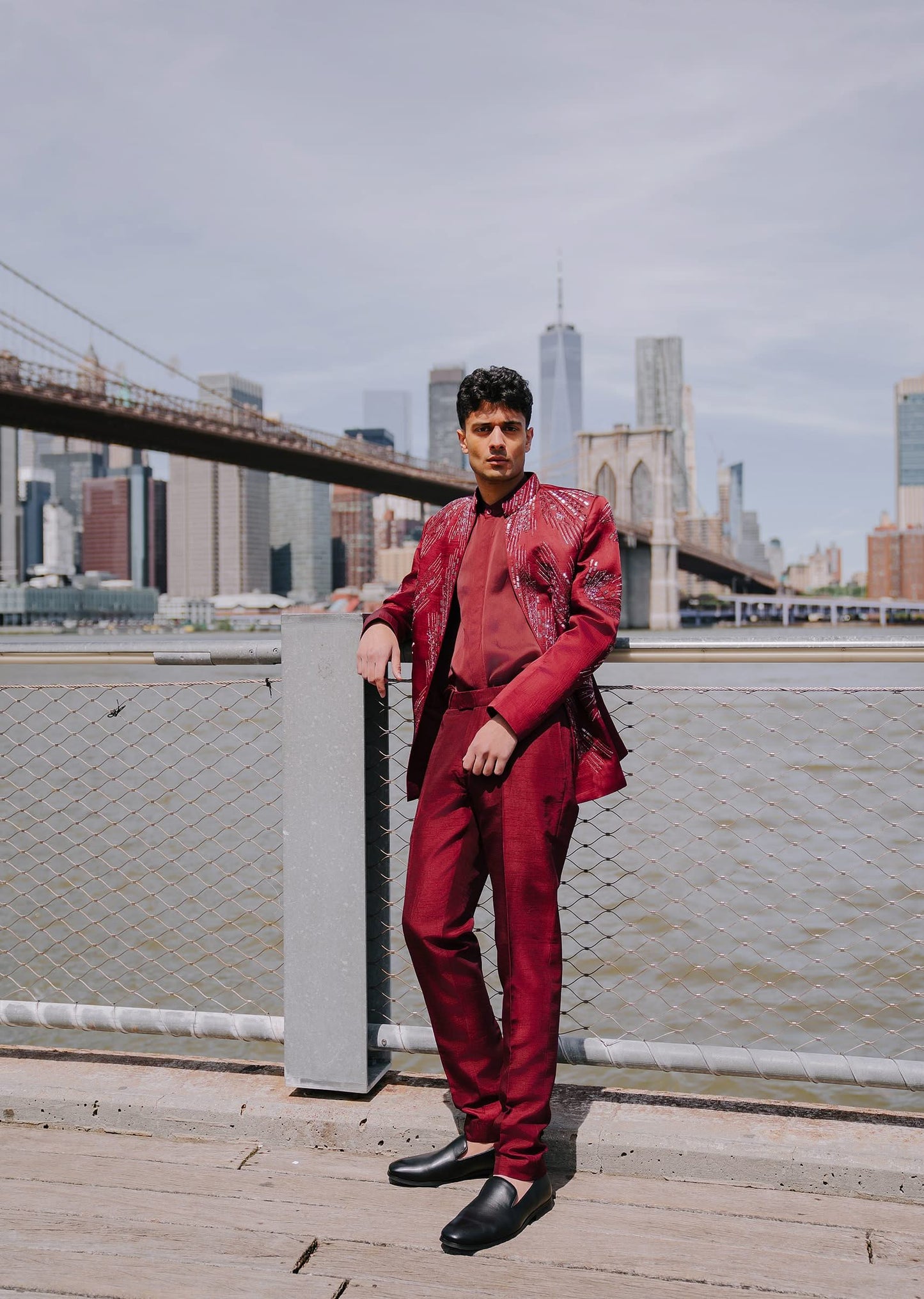 Maroon Linen Satin Hand Embellished Jodhpuri With Shirt And Pant