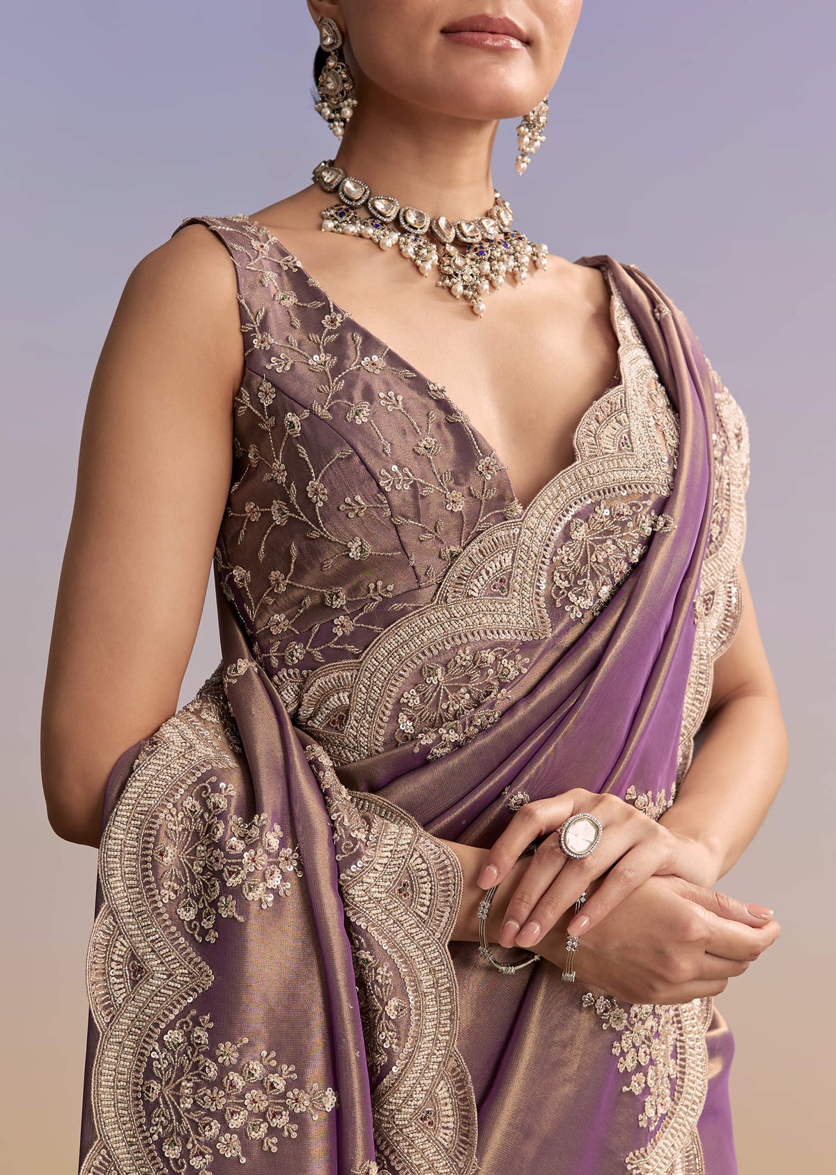 Mauve Tissue Embroidered Saree With Sequin And Stone Work