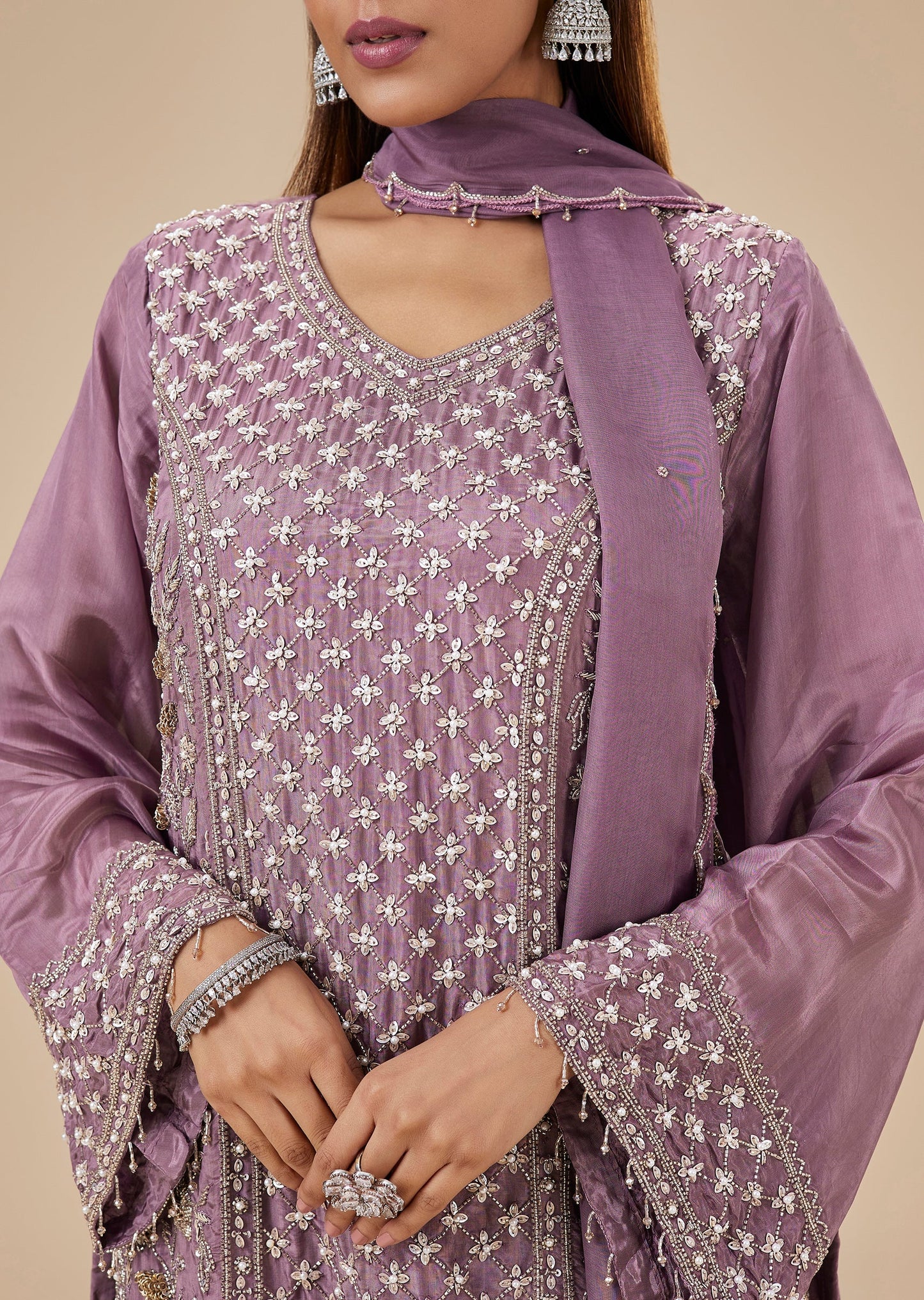 Mauve Tissue Silk Cut Dana Sharara Suit Set