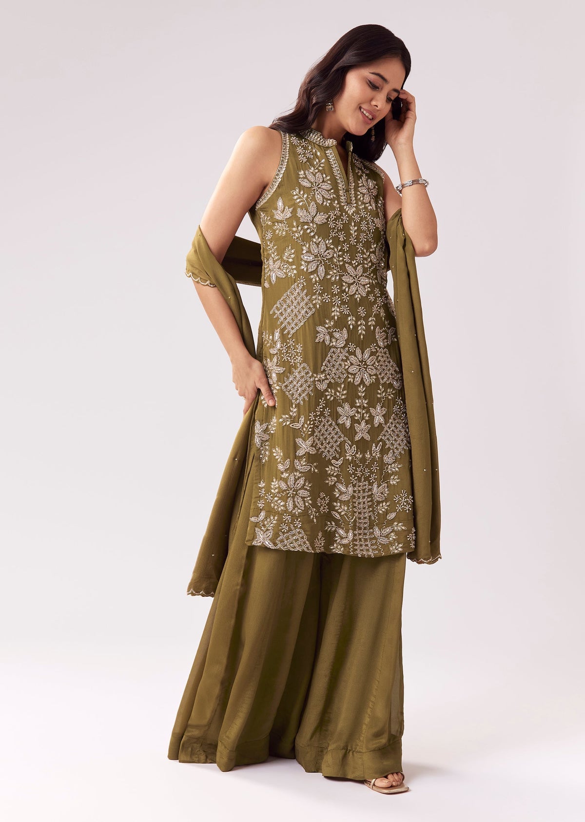 Mehendi Green Chinon Palazzo Suit With Beadwork