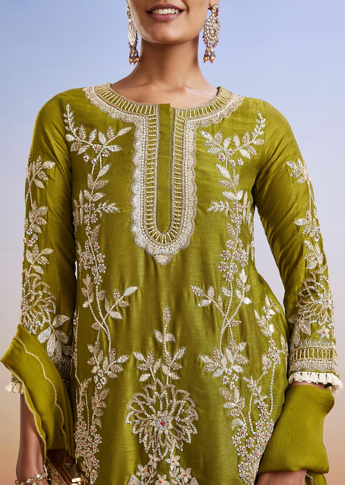 Mehendi Green Embroidered Silk Palazzo Suit With Dupatta