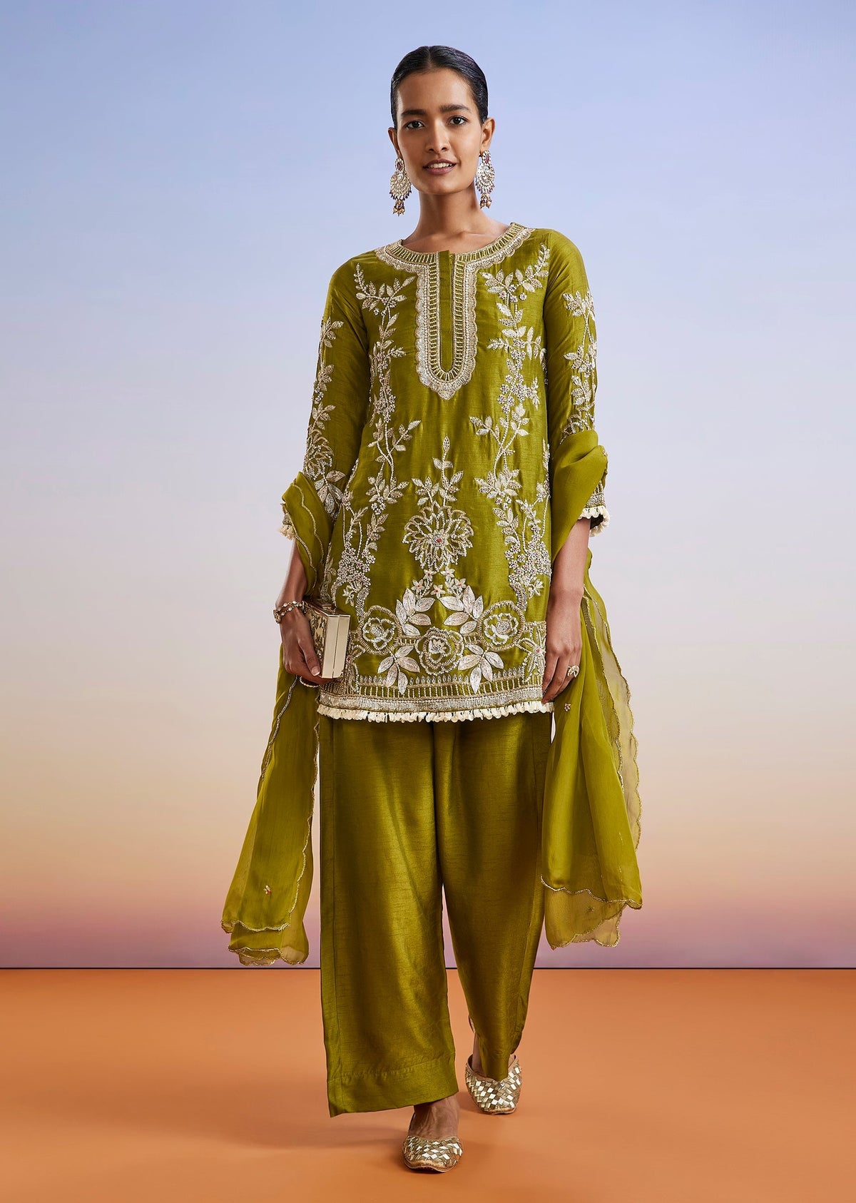Mehendi Green Embroidered Silk Palazzo Suit With Dupatta