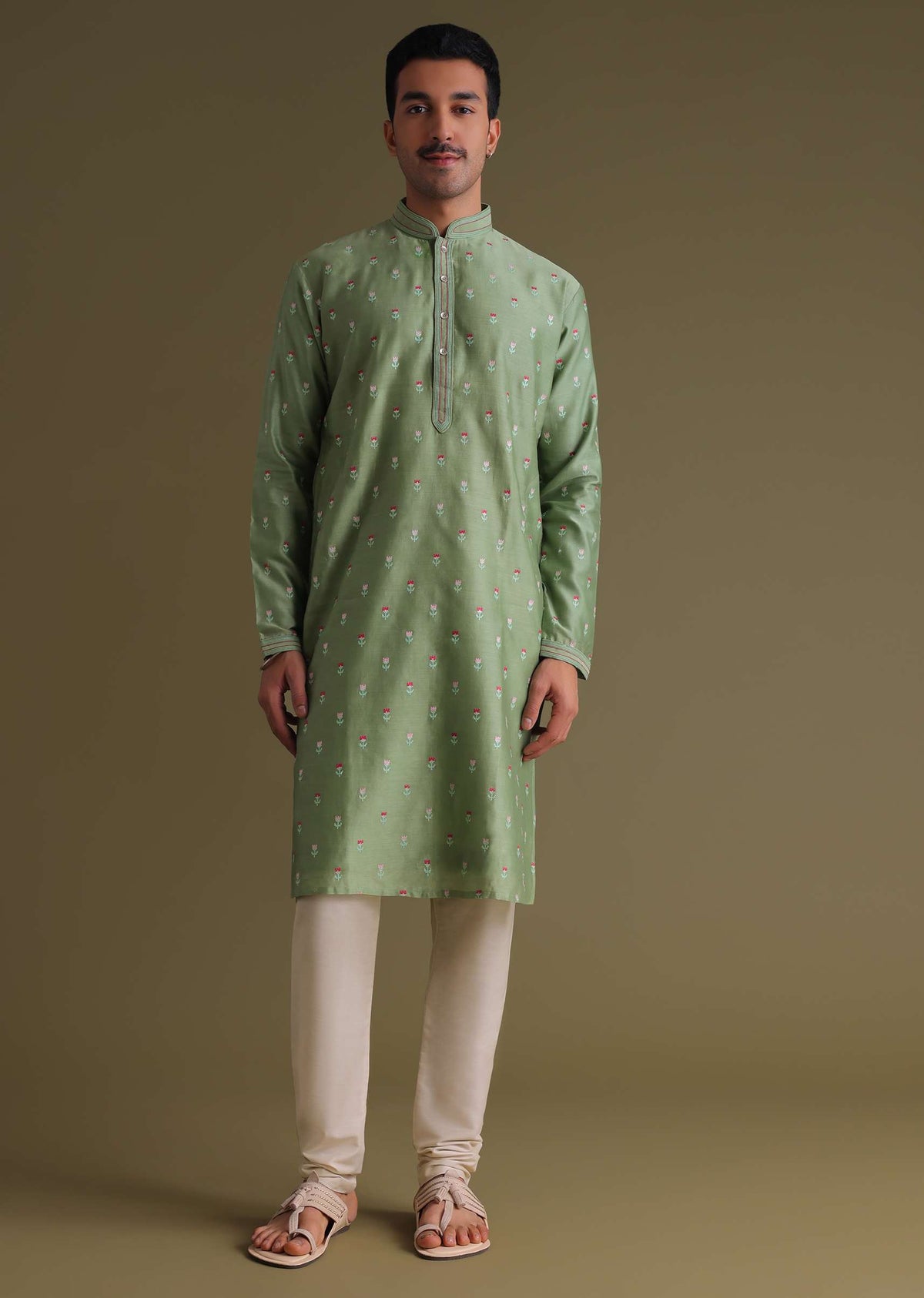 Moss Green Festive Embroidered Kurta Set With Butti Work In Weave Handloom