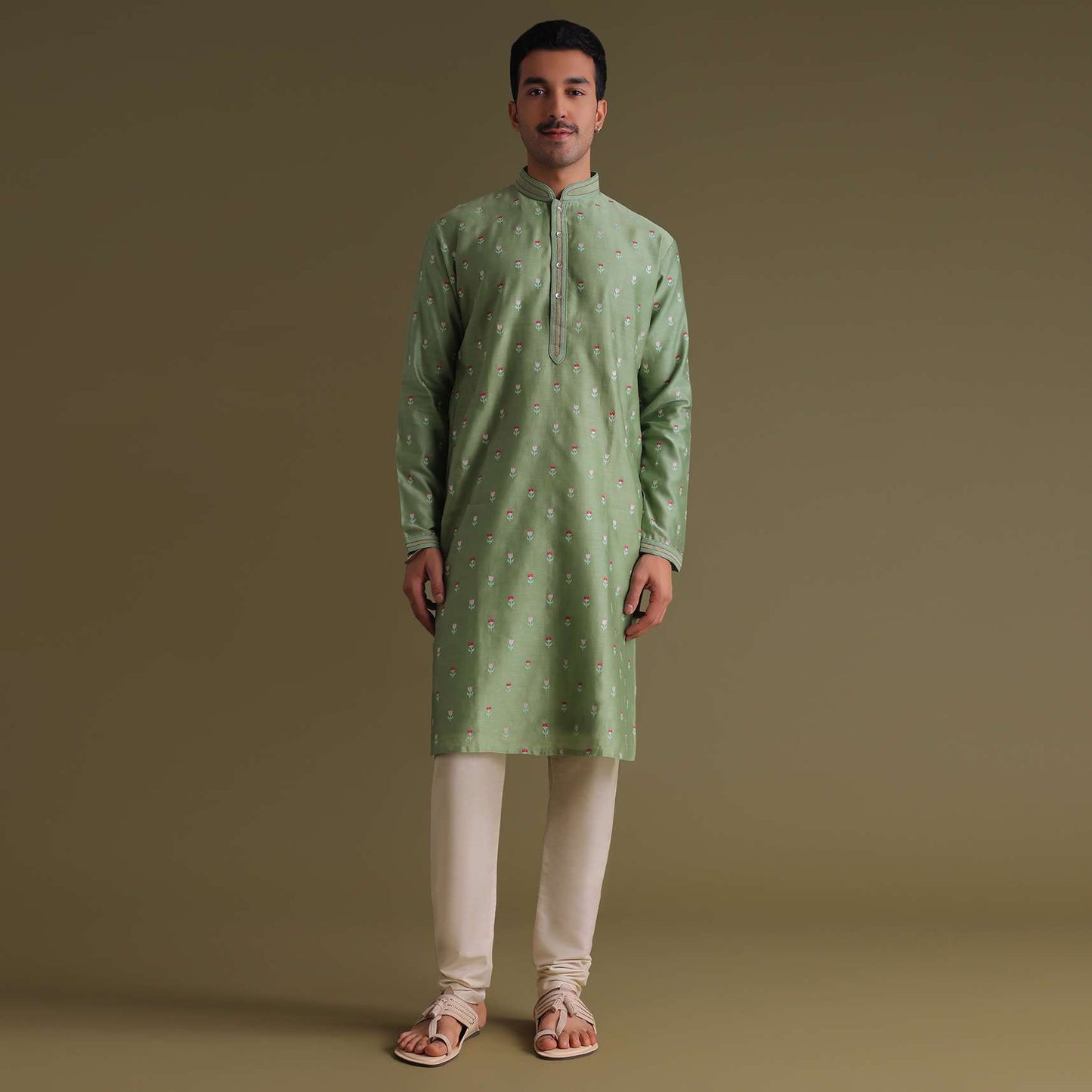 Moss Green Festive Embroidered Kurta Set With Butti Work In Weave Handloom