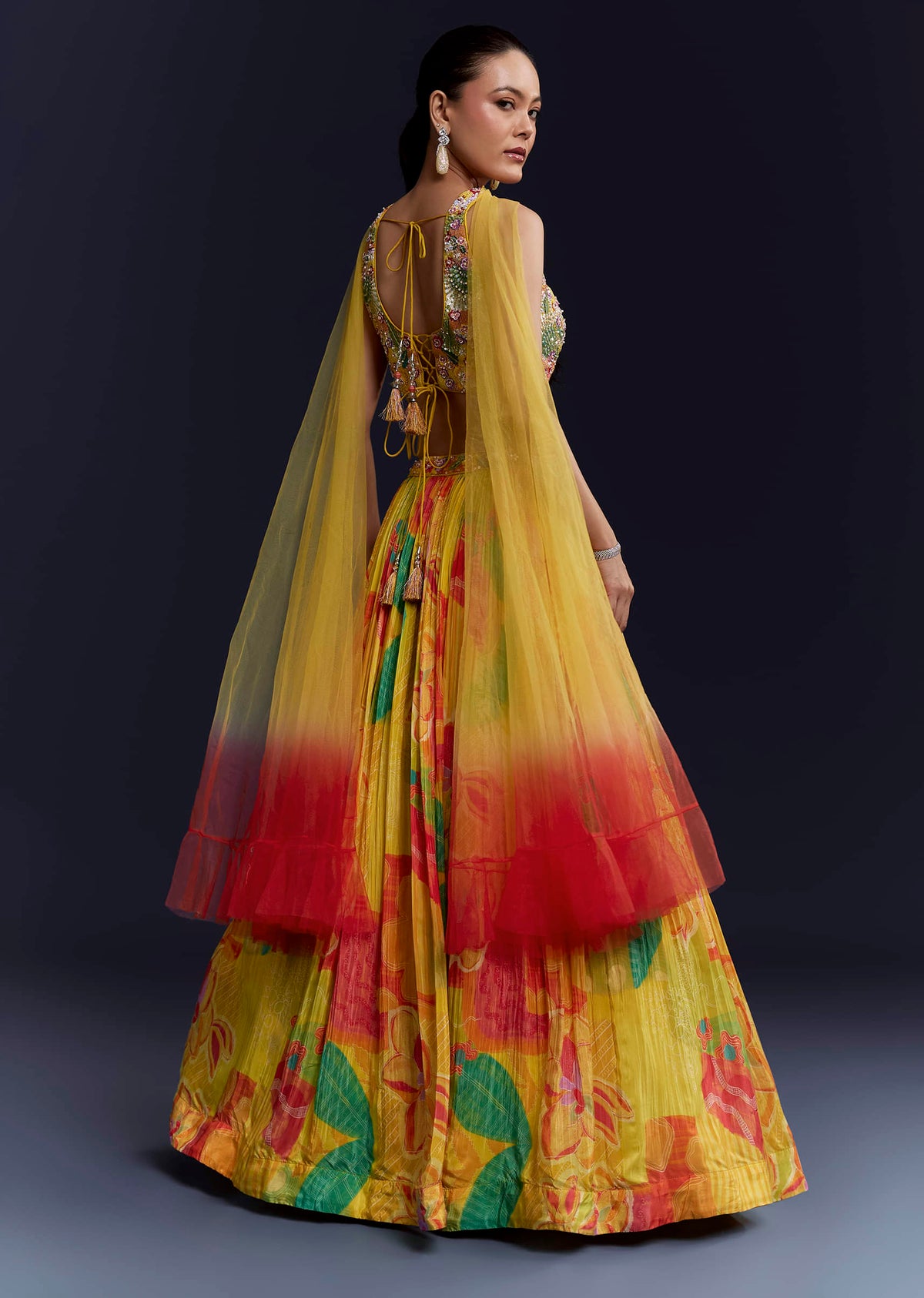 Multi Crepe Floral Print Bridesmaid Lehenga Set with Dupatta