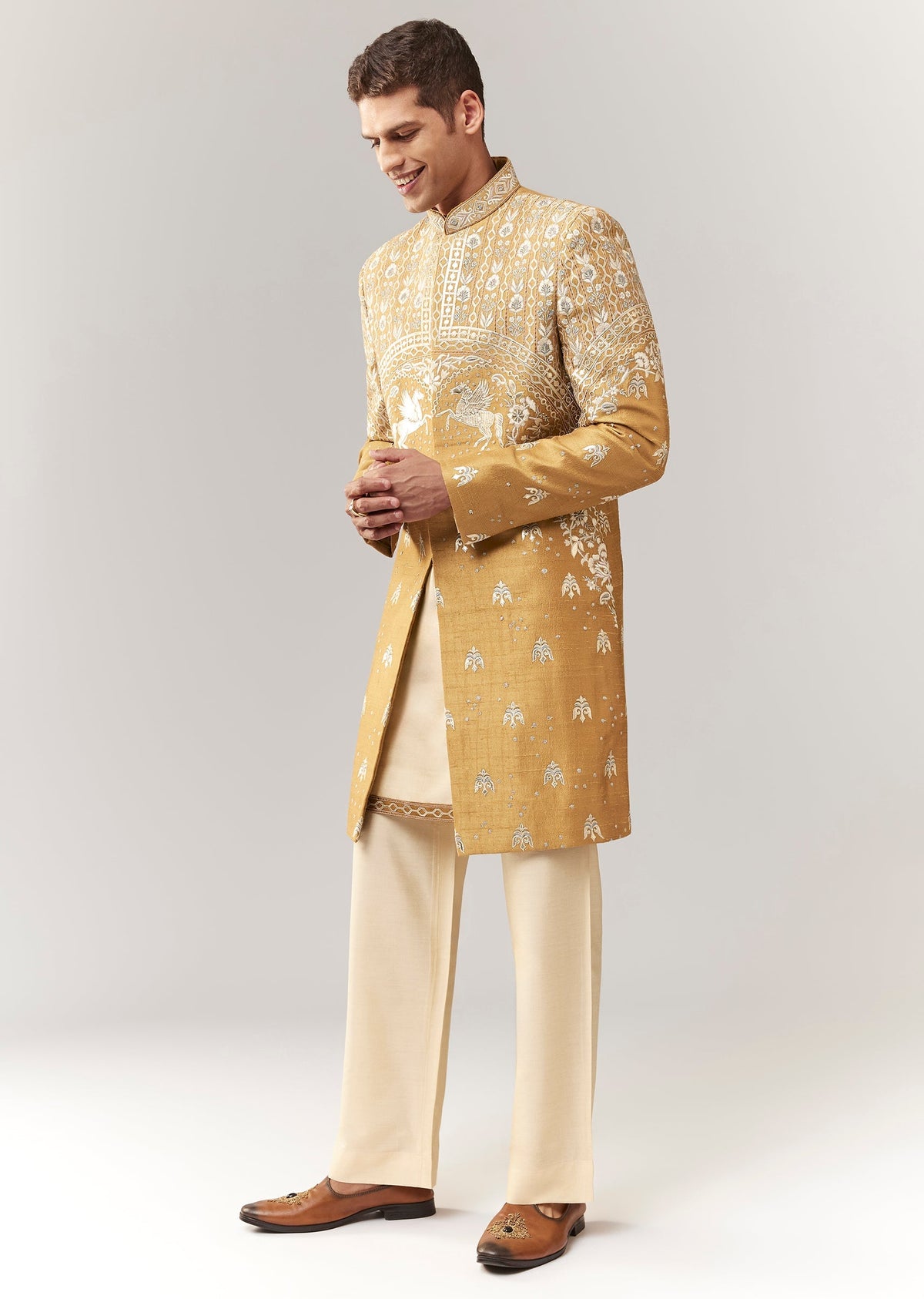 Mustard Raw Silk Indo Western With Applique And Resham Work