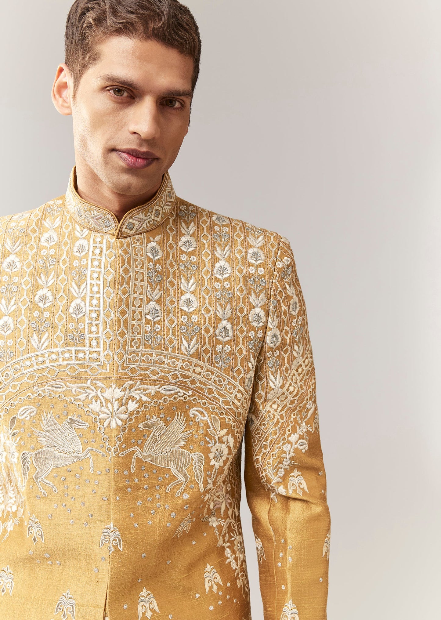 Mustard Raw Silk Indo Western With Applique And Resham Work