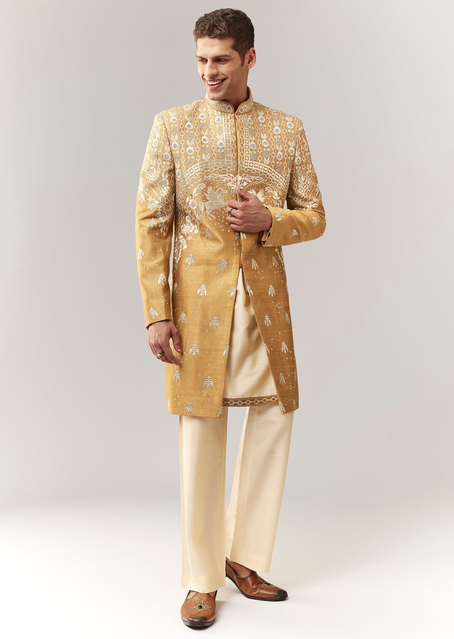 Mustard Raw Silk Indo Western With Applique And Resham Work