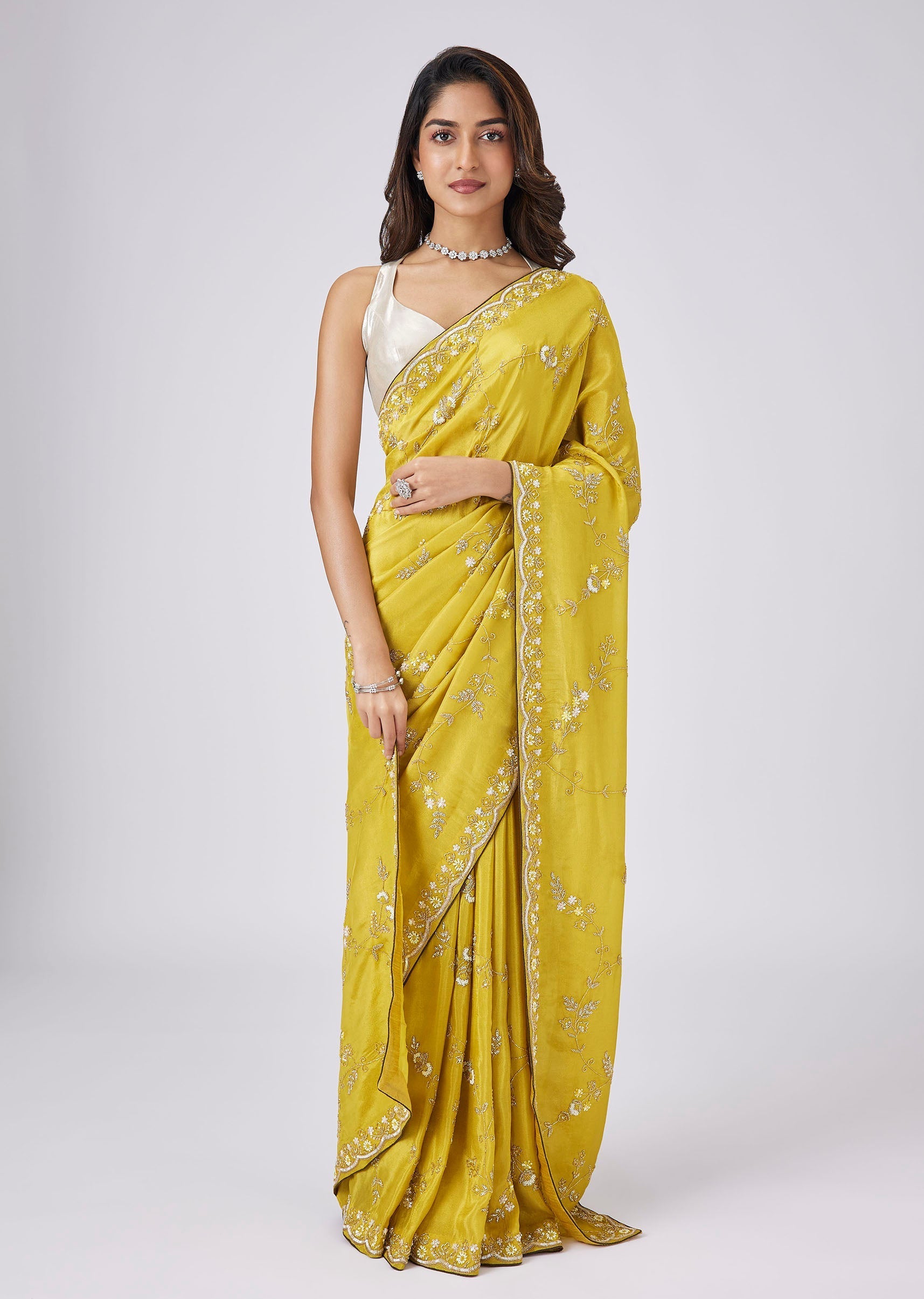 Mustard Yellow Tissue Saree With Jaal Embroidery