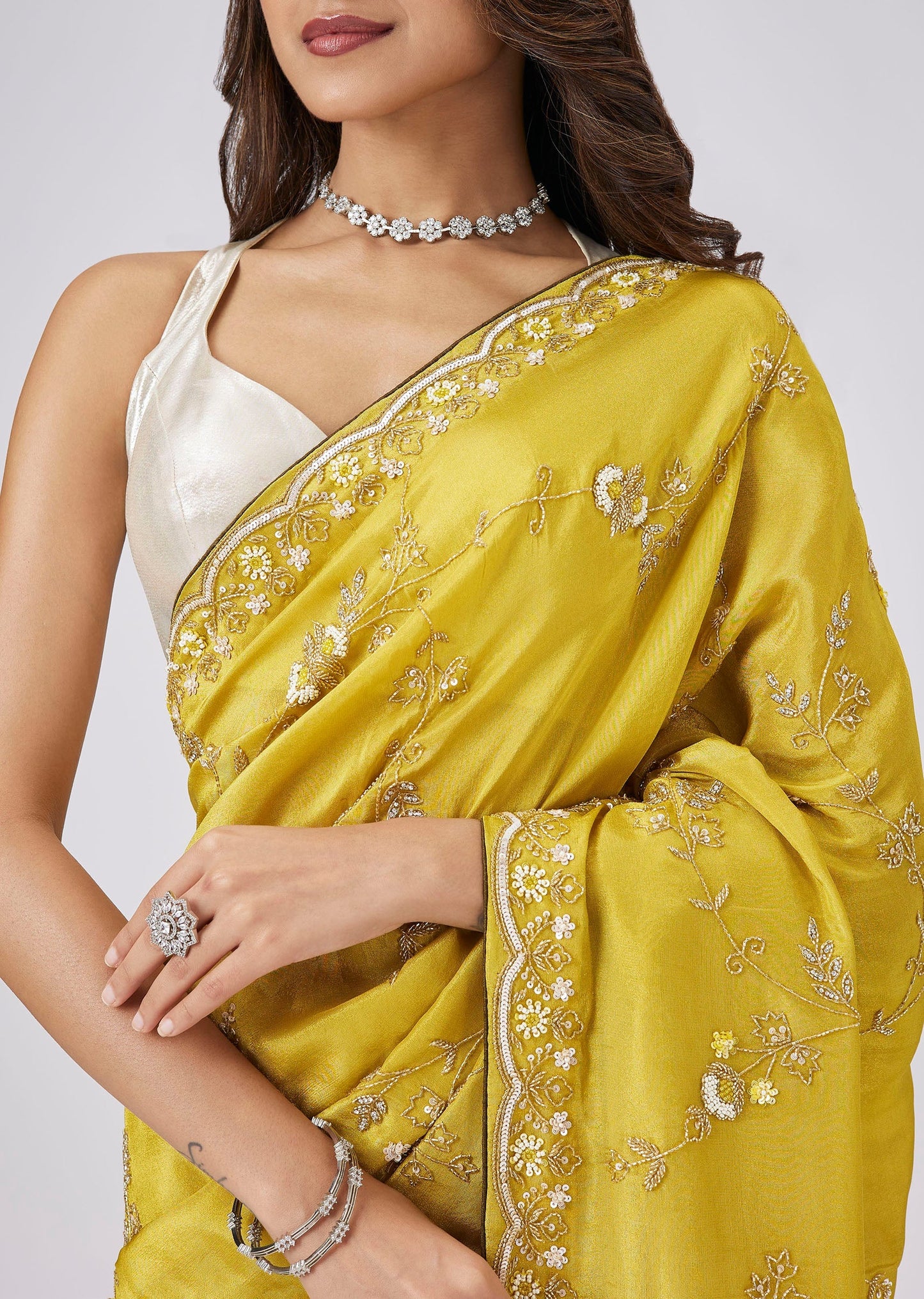 Mustard Yellow Tissue Saree With Jaal Embroidery