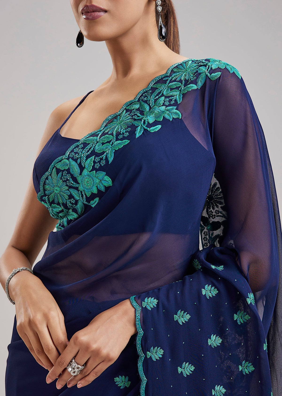 Navy Blue Kashmiri Hand Embroidered Georgette Saree