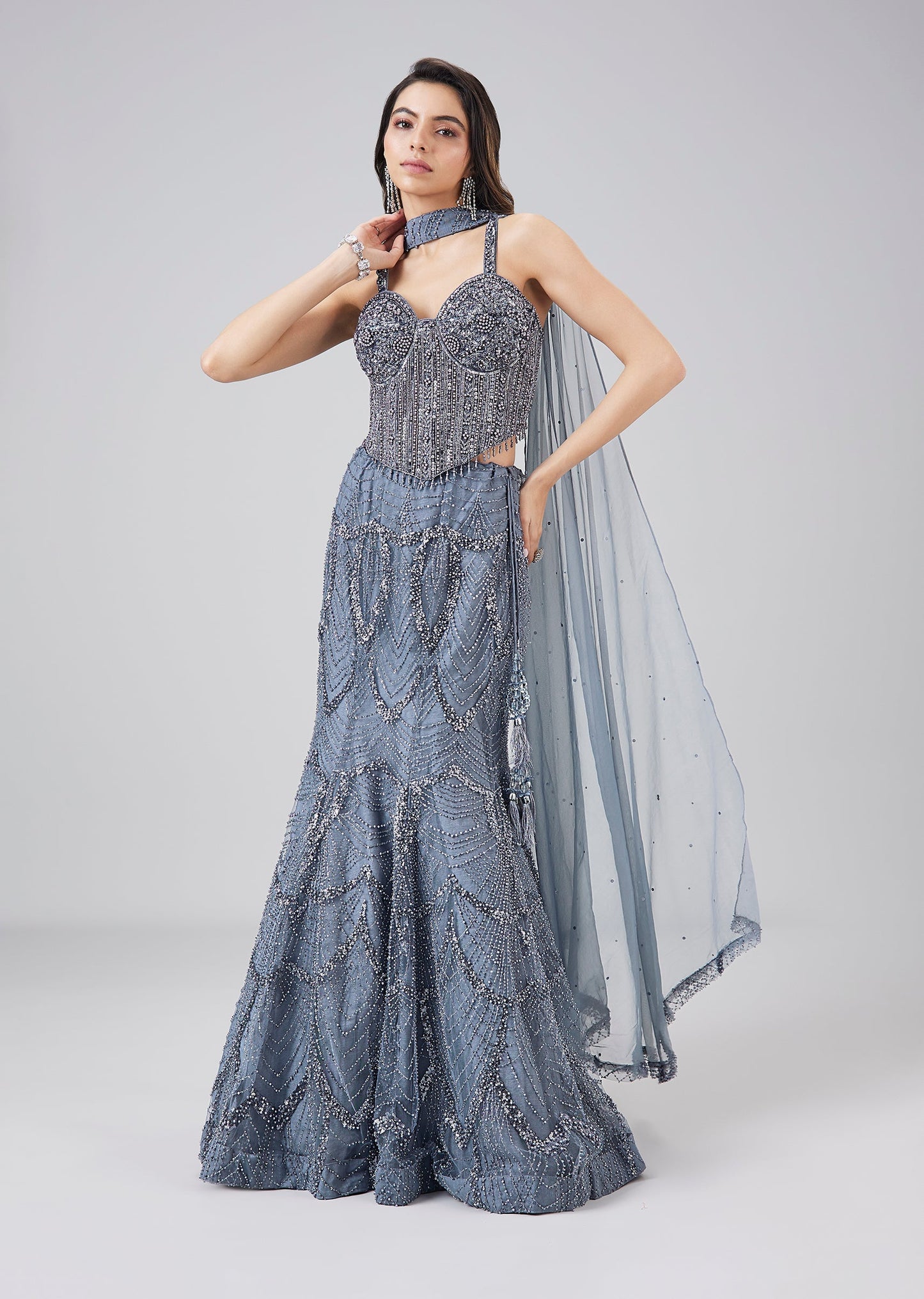 Dusty Blue Mermaid Cut Embroidered Lehenga Set