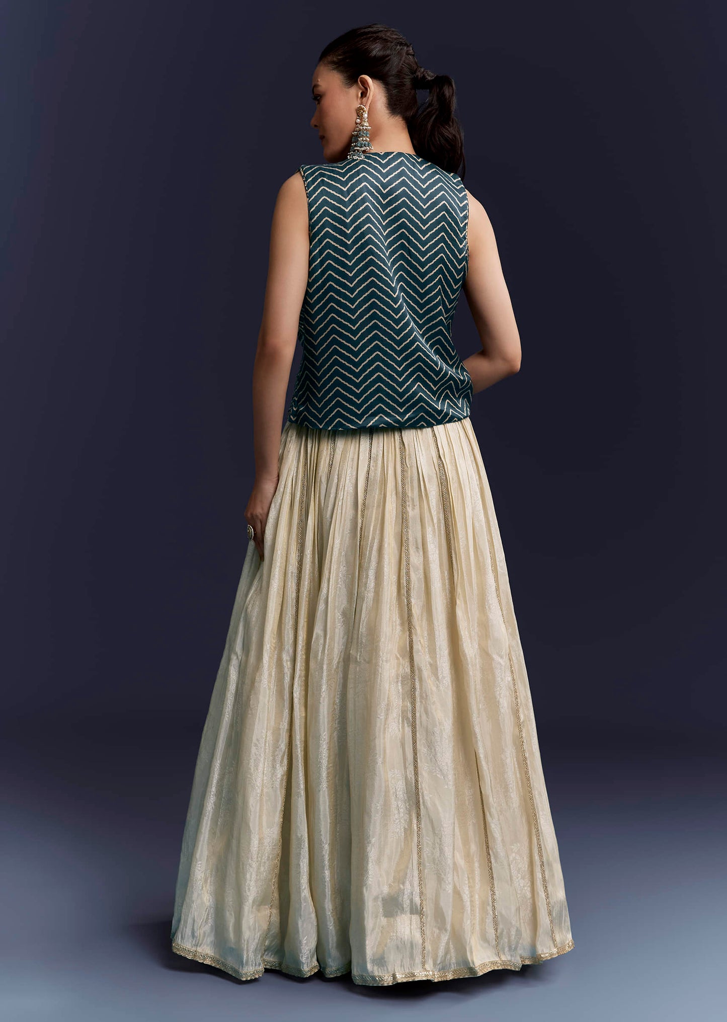 Navy Blue Satin Festive Lehenga With Hand Dyed Chevron Print Jacket