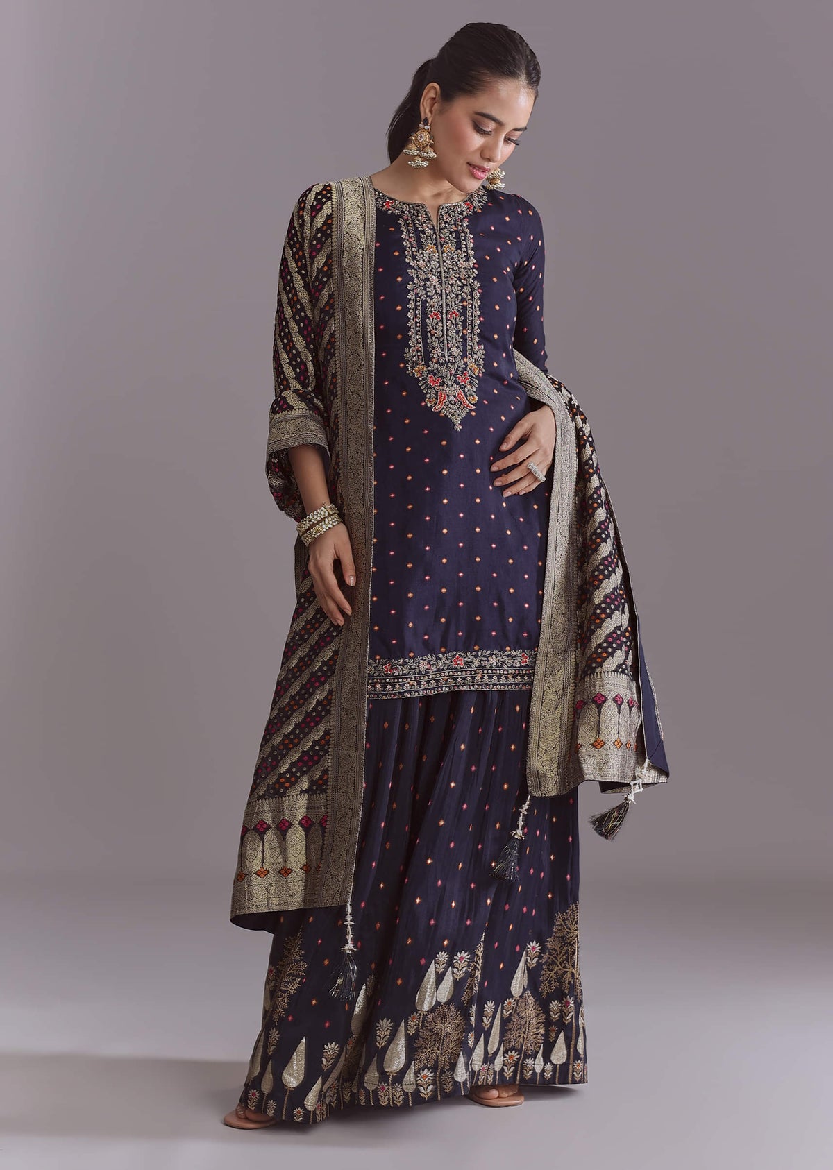 Navy Blue Silk Embroidered Palazzo Suit With Banarasi Organza Dupatta