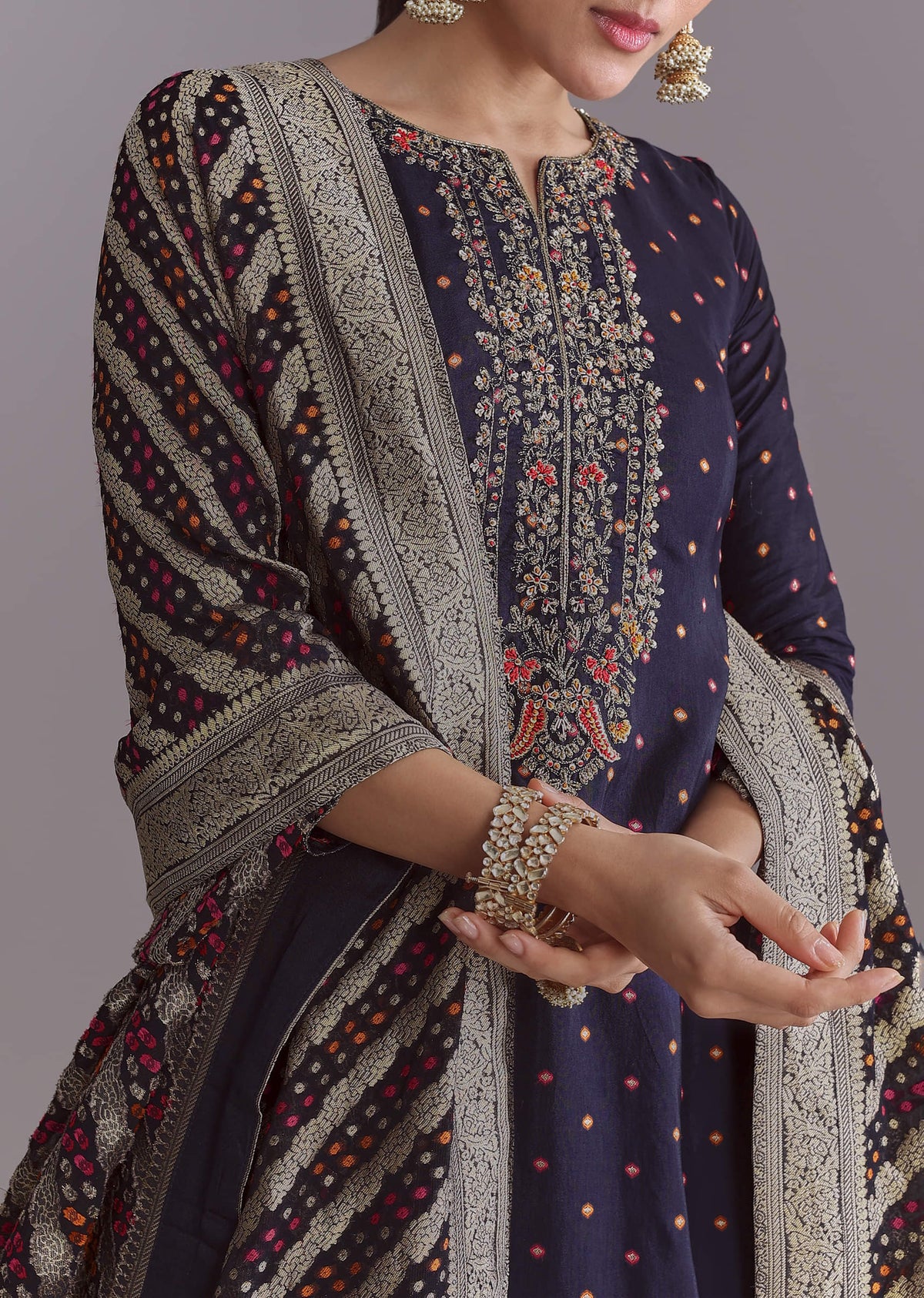 Navy Blue Silk Embroidered Palazzo Suit With Banarasi Organza Dupatta