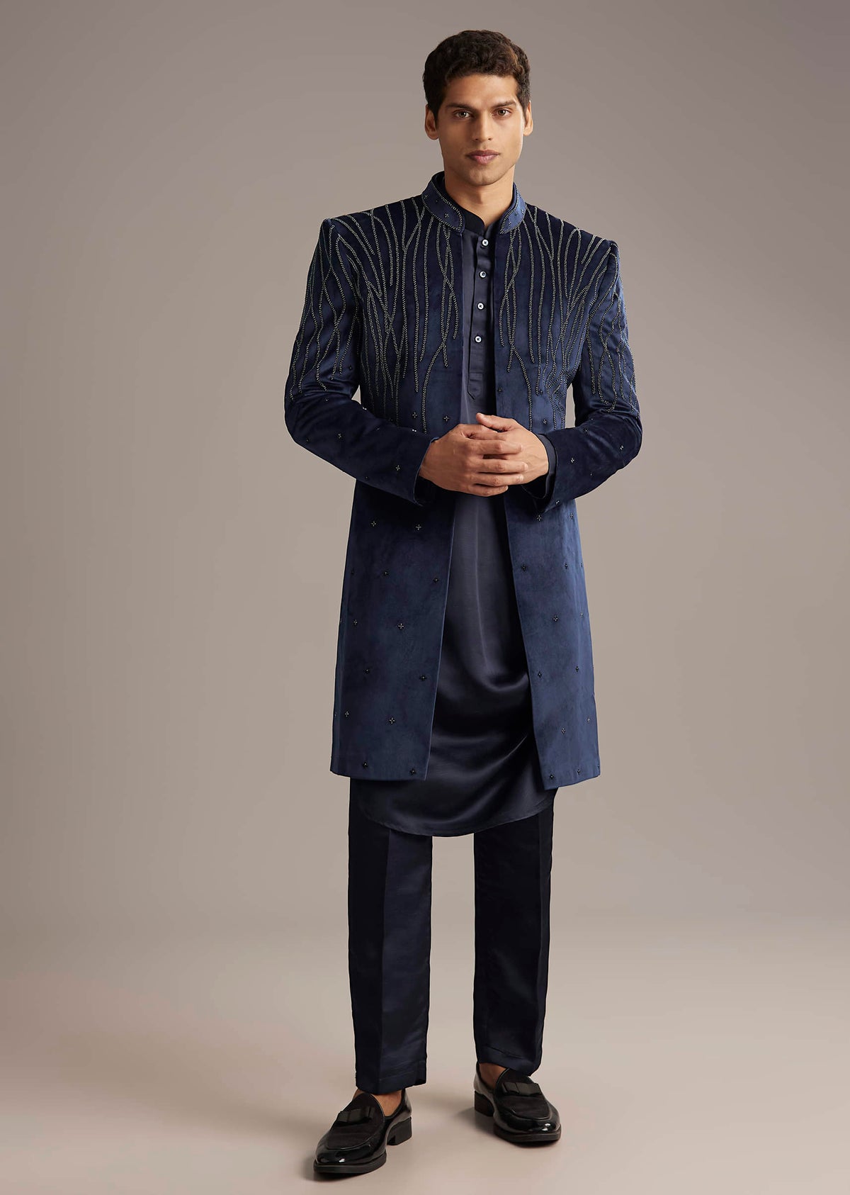 Navy Blue Velvet Indo Western Set For Men With Beads Work