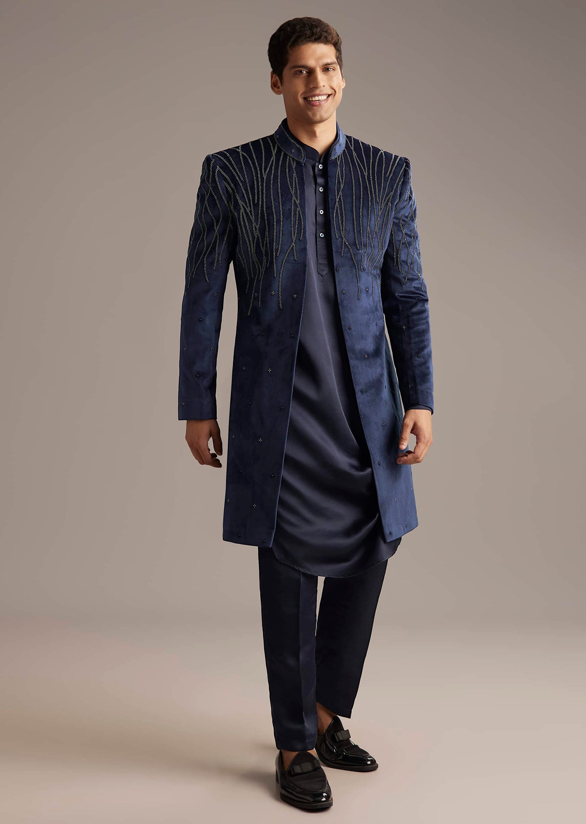 Navy Blue Velvet Indo Western Set For Men With Beads Work