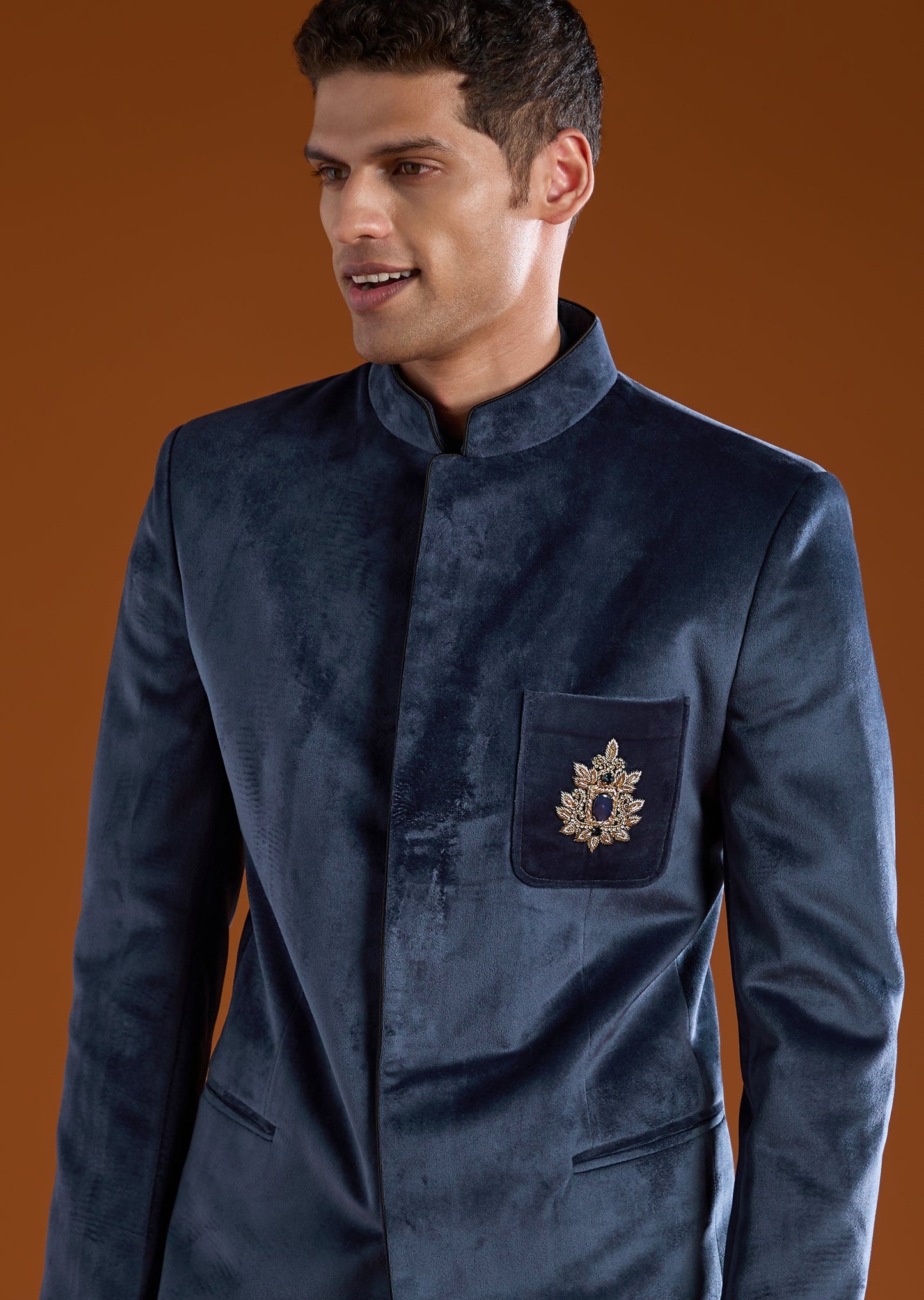 Navy Blue Zardozi Work Jodhpuri and Pant Set in Velvet