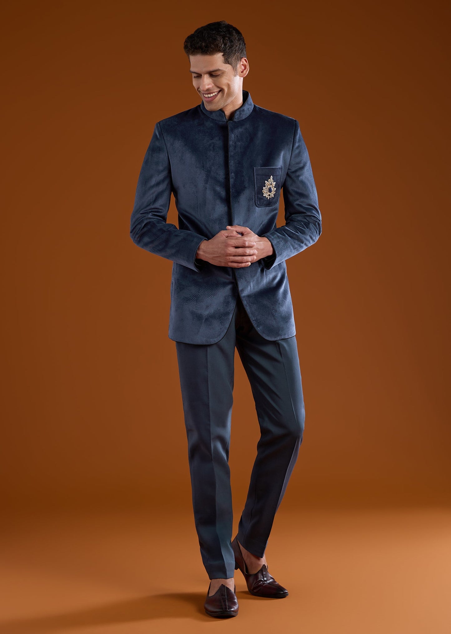 Navy Blue Zardozi Work Jodhpuri and Pant Set in Velvet