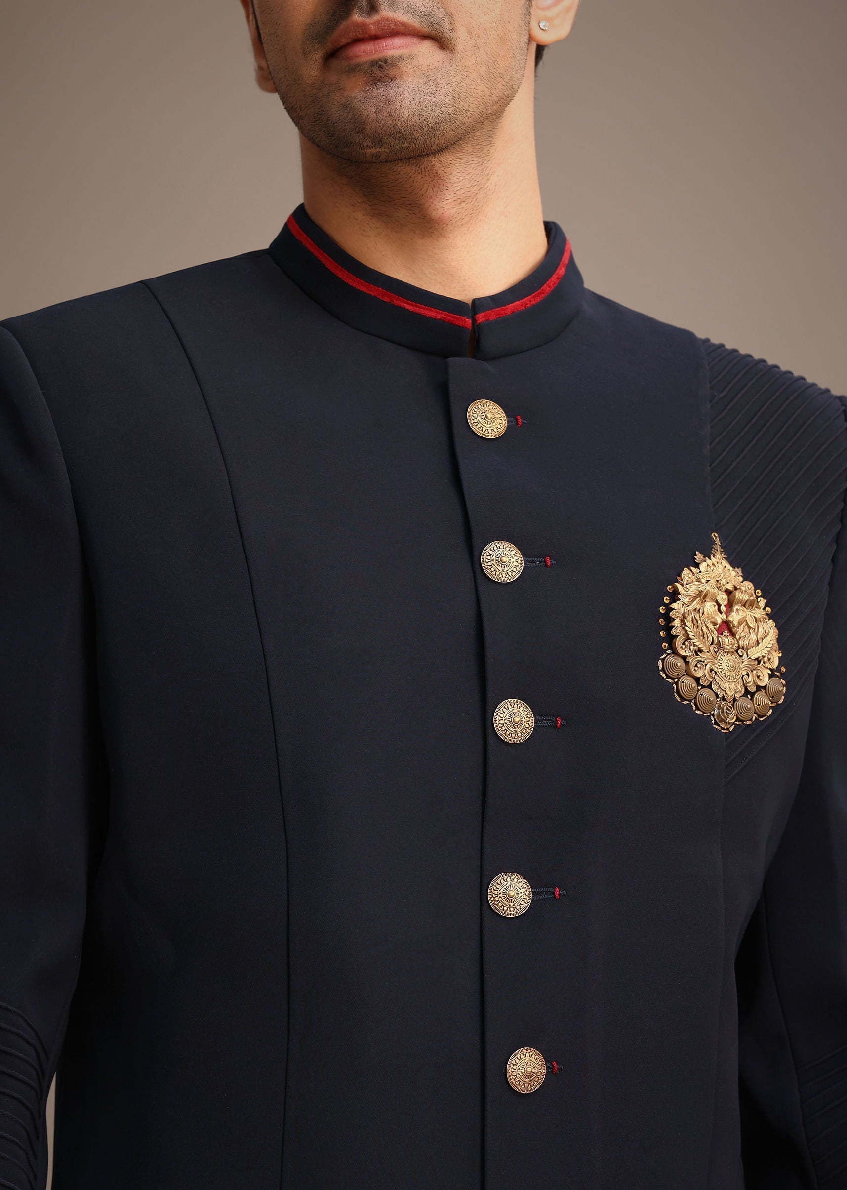 Navy Blue Indowestern Set With Animal Motif Brooch
