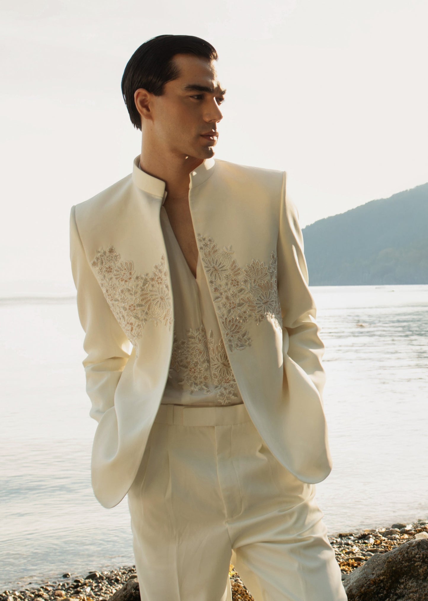 Off White Embroidered Blazer Set