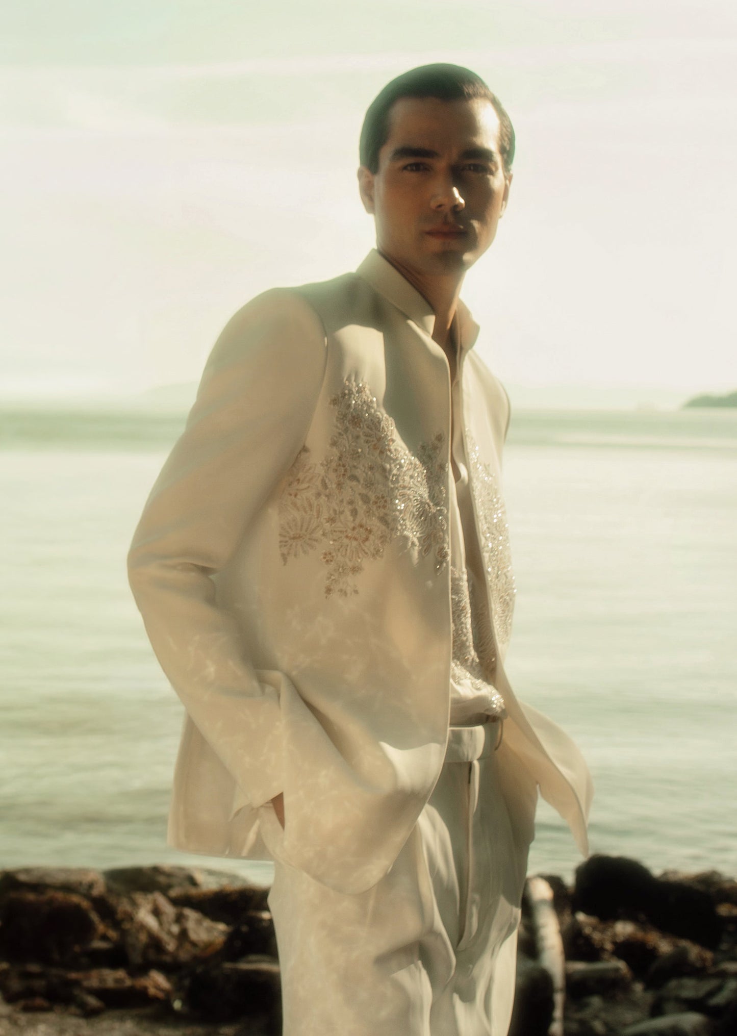 Off White Embroidered Blazer Set