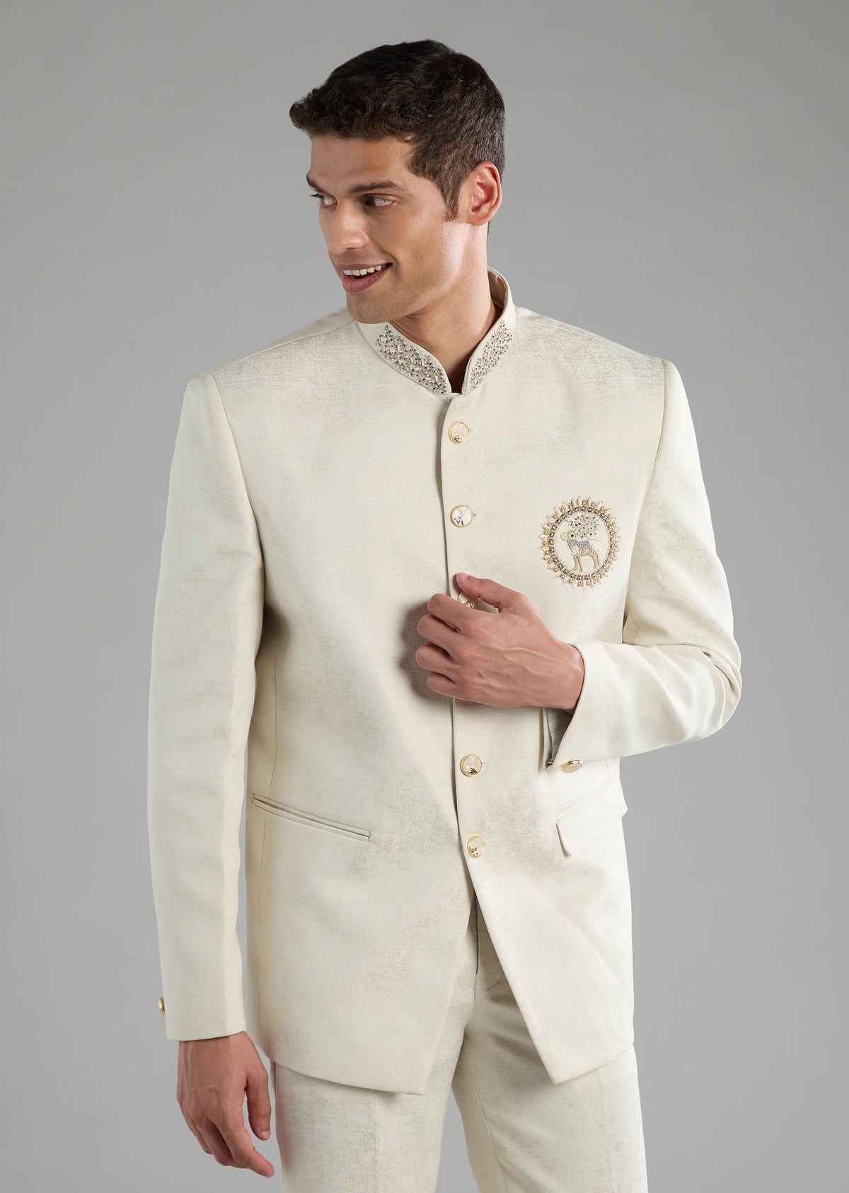 Off White Embroidered Jodhpuri and Pant Set