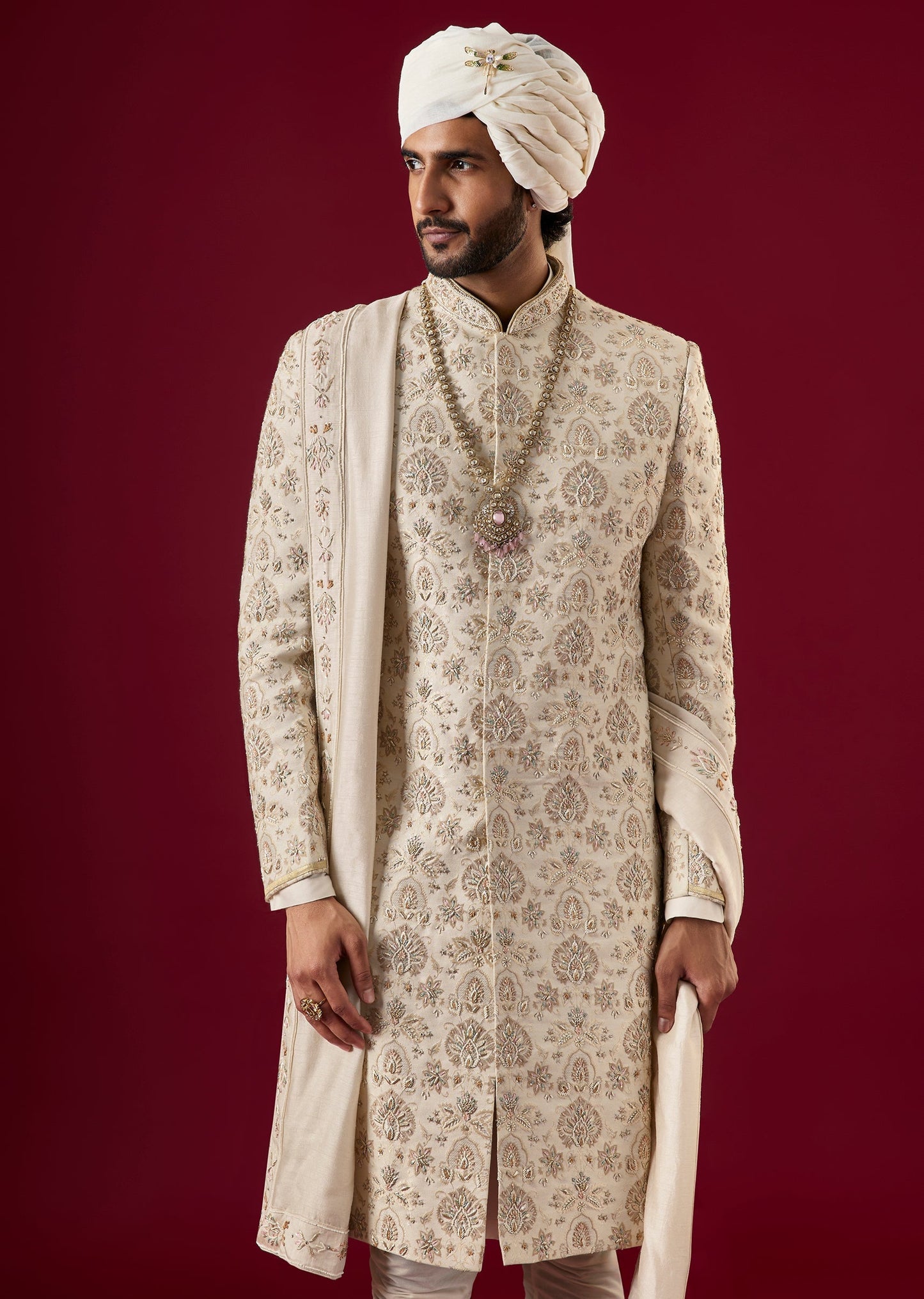 Off White Jacquard Silk Sherwani Set With Zardosi Work
