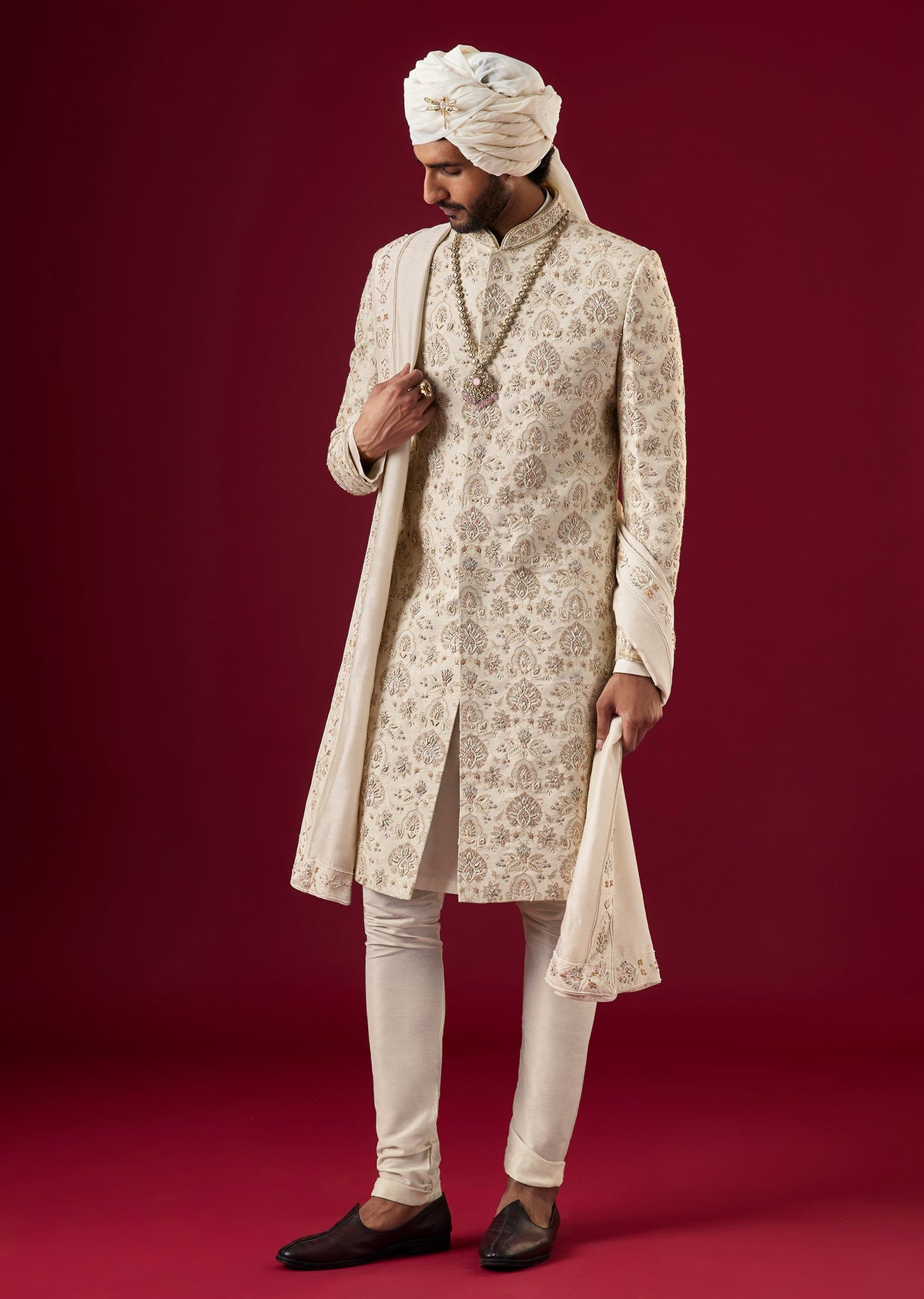 Off White Jacquard Silk Sherwani Set With Zardosi Work