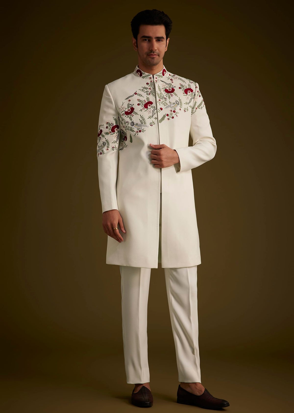 Off White Indowestern With Hand Embroidered Bird And Floral Pattern