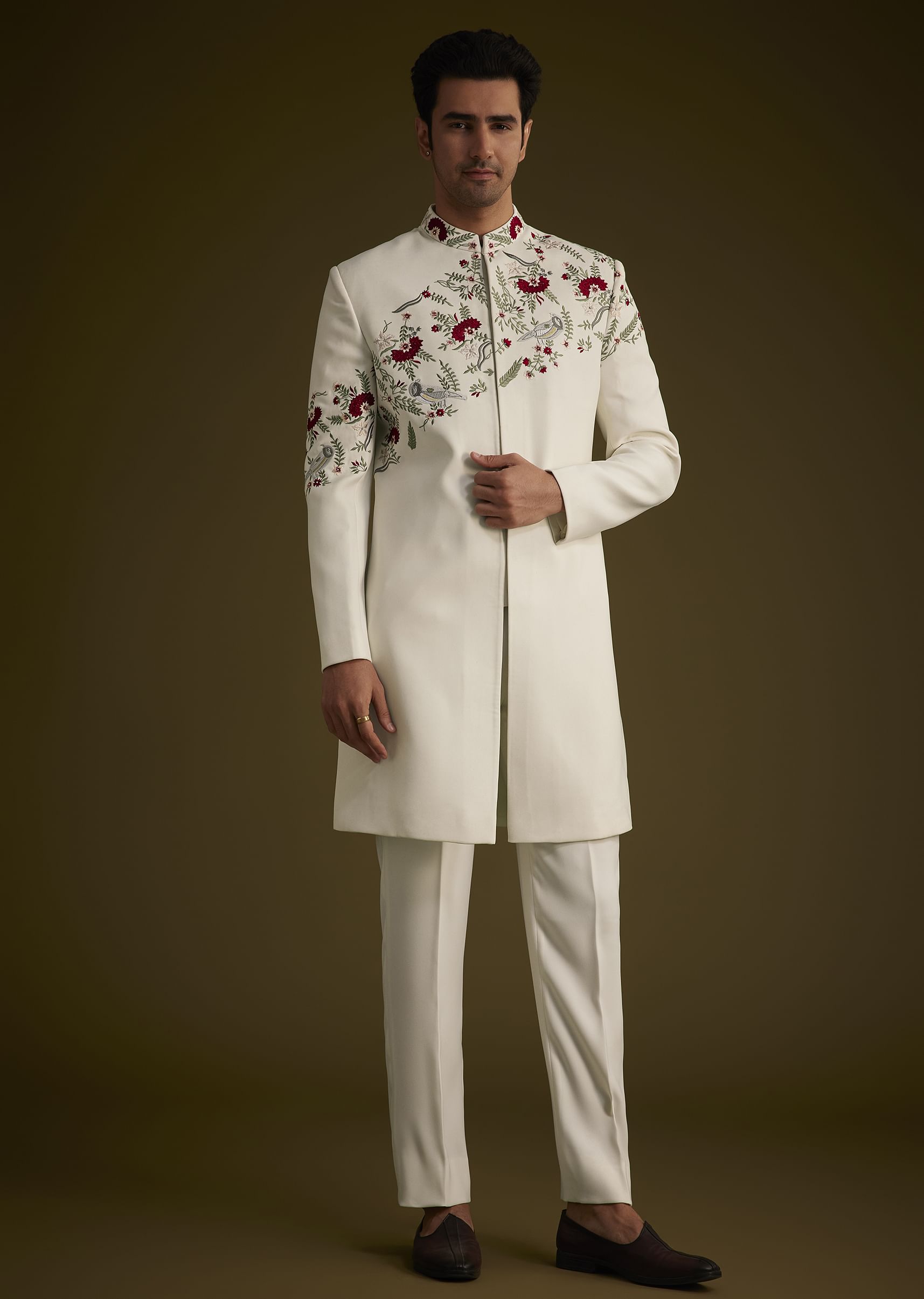 Off White Indowestern With Hand Embroidered Bird And Floral Pattern