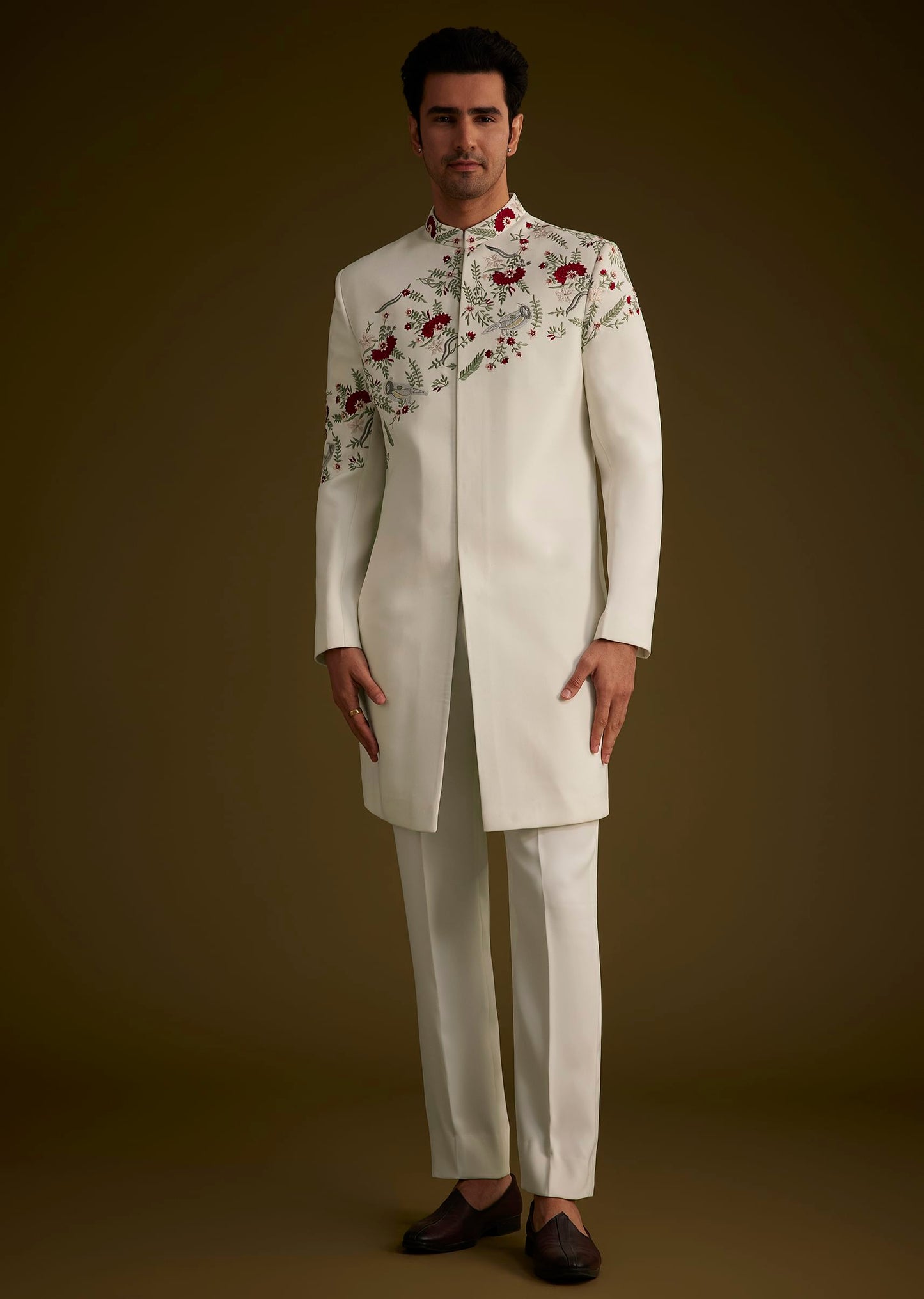 Off White Indowestern With Hand Embroidered Bird And Floral Pattern