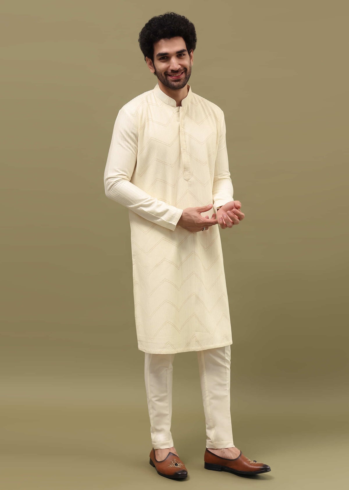 Off White Self Work Silk Kurta Set For Men