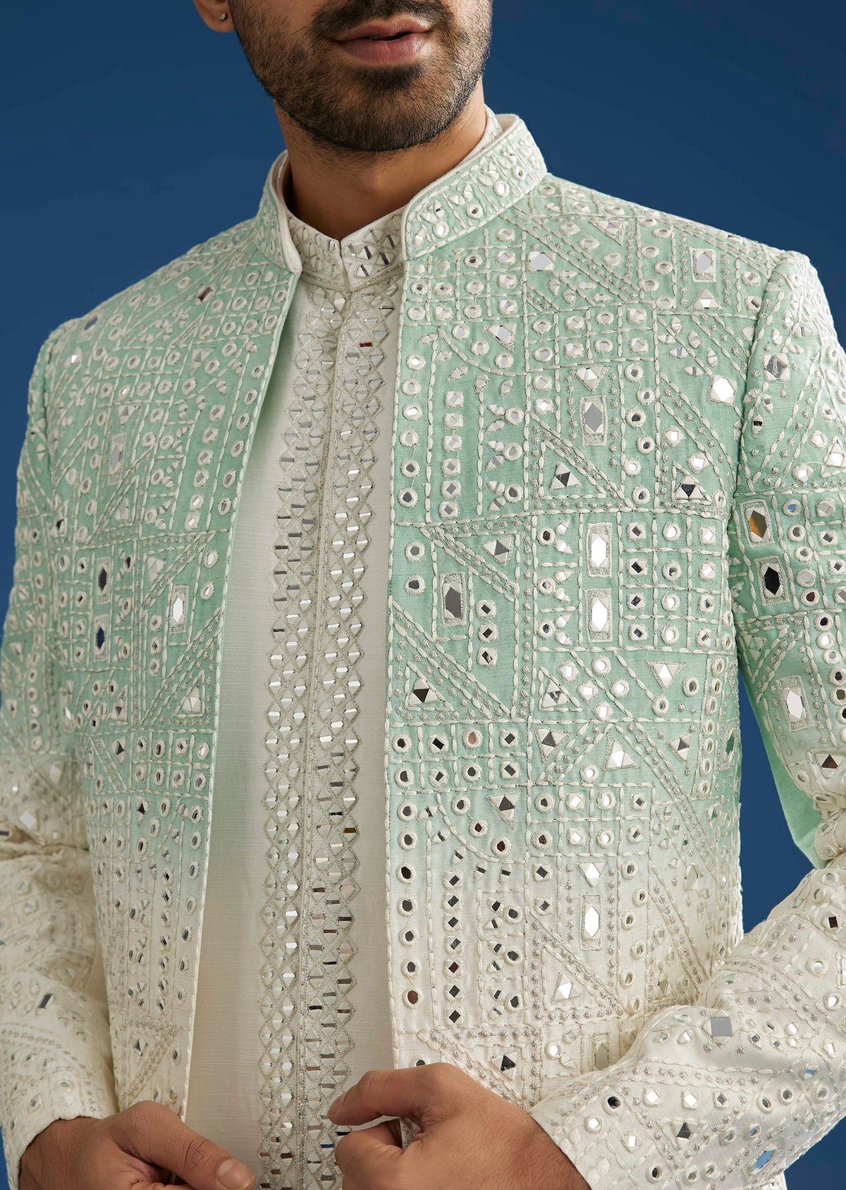 Ombre Green Silk Indo Western Jacket Set With Mirror And Thread Work