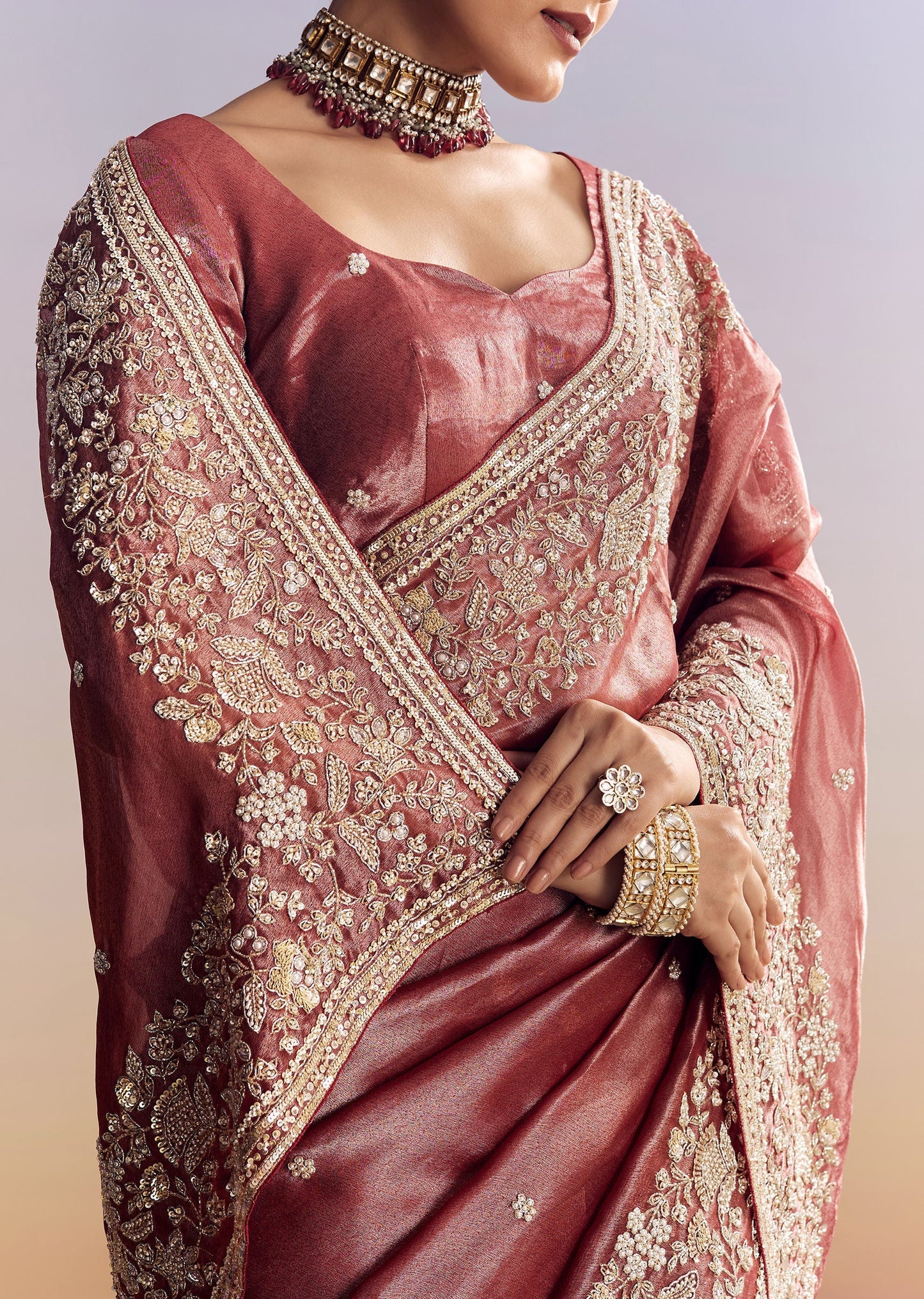Onion Pink Tissue Saree With Detailed Floral Embroidered Border